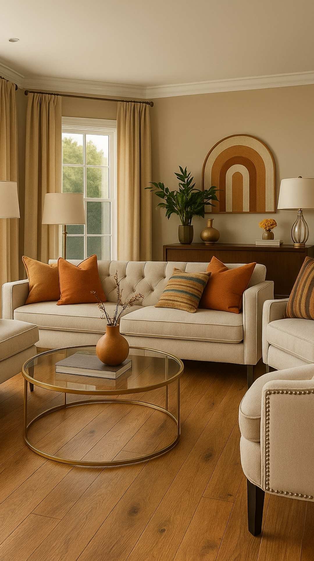Elegant living room with beige sofas, orange accent pillows, and multi-tone wood-look luxury vinyl flooring, showcasing stylish flooring options for your home.