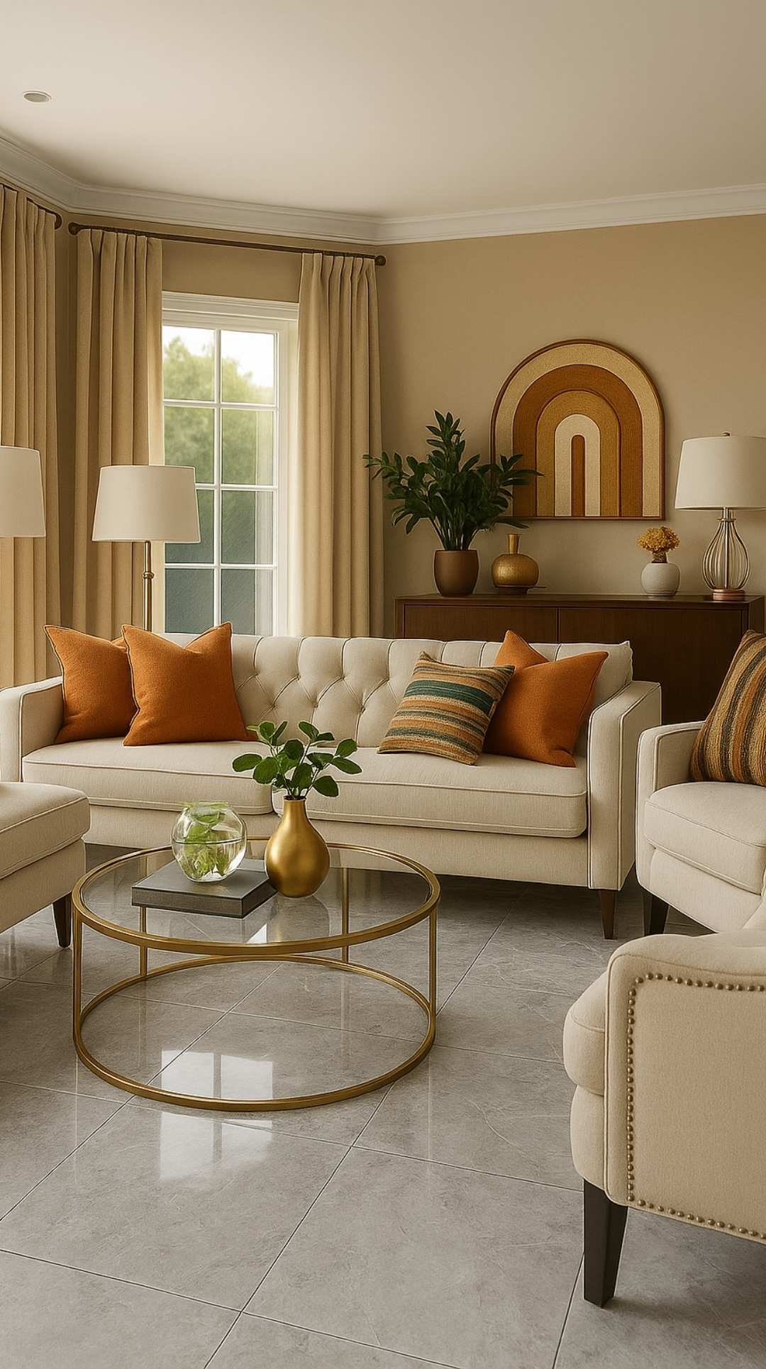 Chic living room with polished porcelain tile flooring, cream-colored seating, and burnt-orange pillows, a refined choice among flooring options for your home.