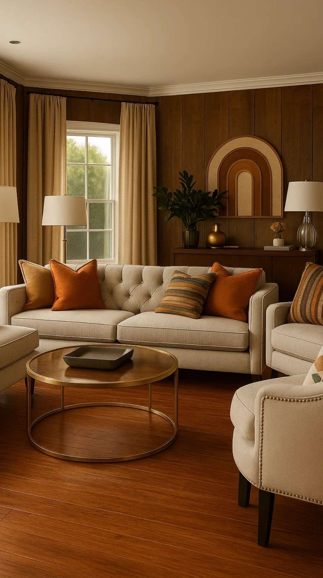 Cozy living room with warm oak hardwood flooring, cream furniture, and burnt-orange accents, a timeless example of premium flooring options for your home.