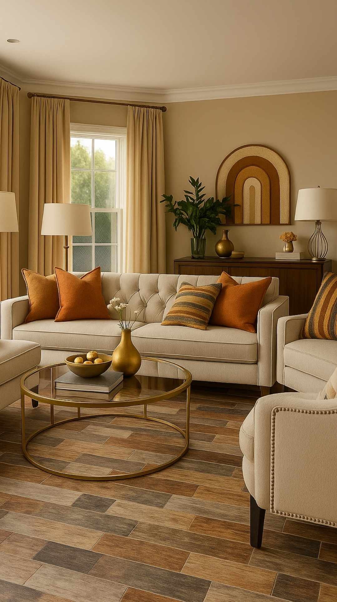 Stylish living room with warm-toned engineered hardwood flooring, cream upholstered seating, and orange accent pillows, a refined example of flooring options for your home.