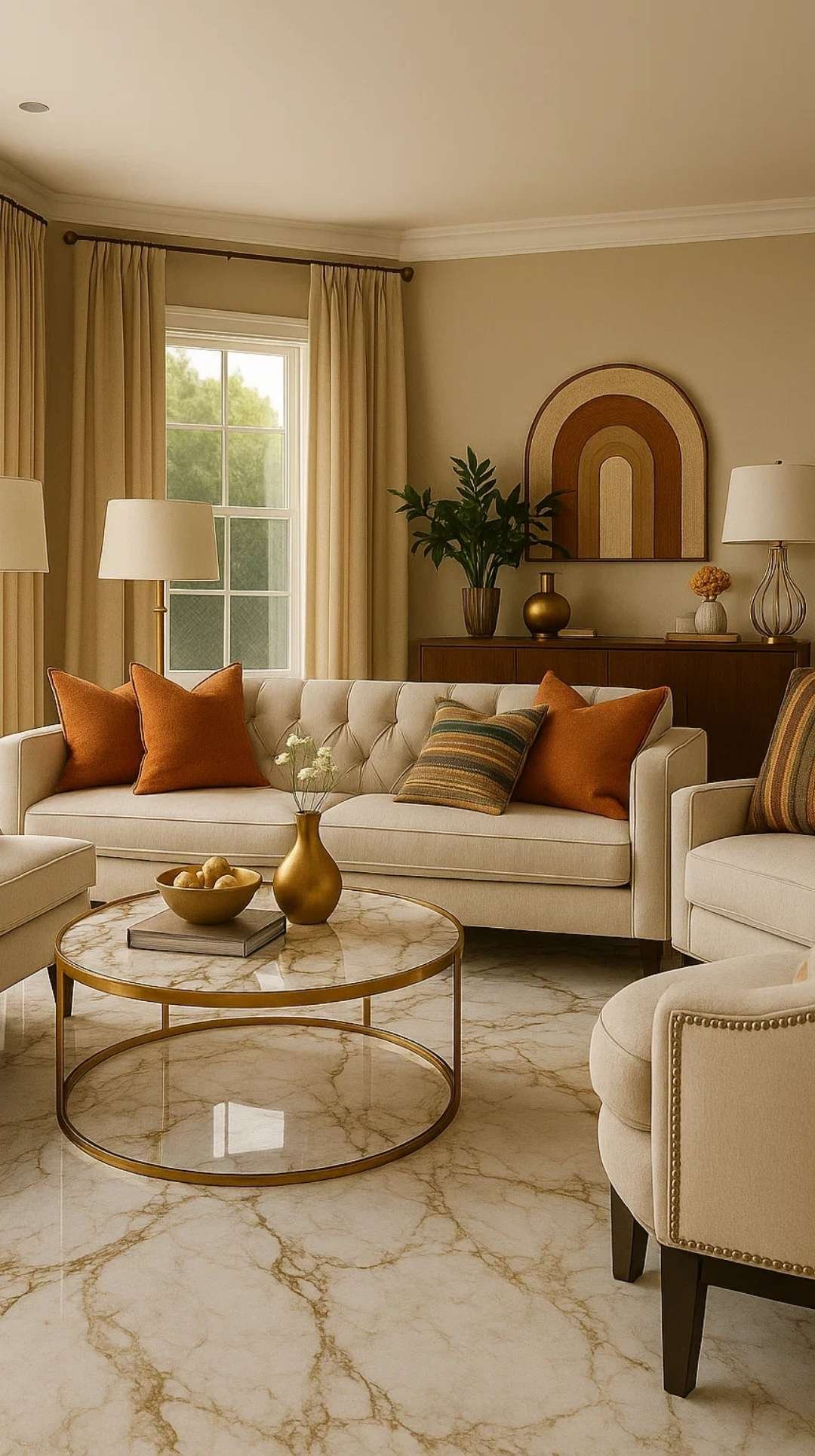 Modern living room with polished gray natural stone flooring, neutral furniture, and gold accents, representing luxury flooring options for your home.