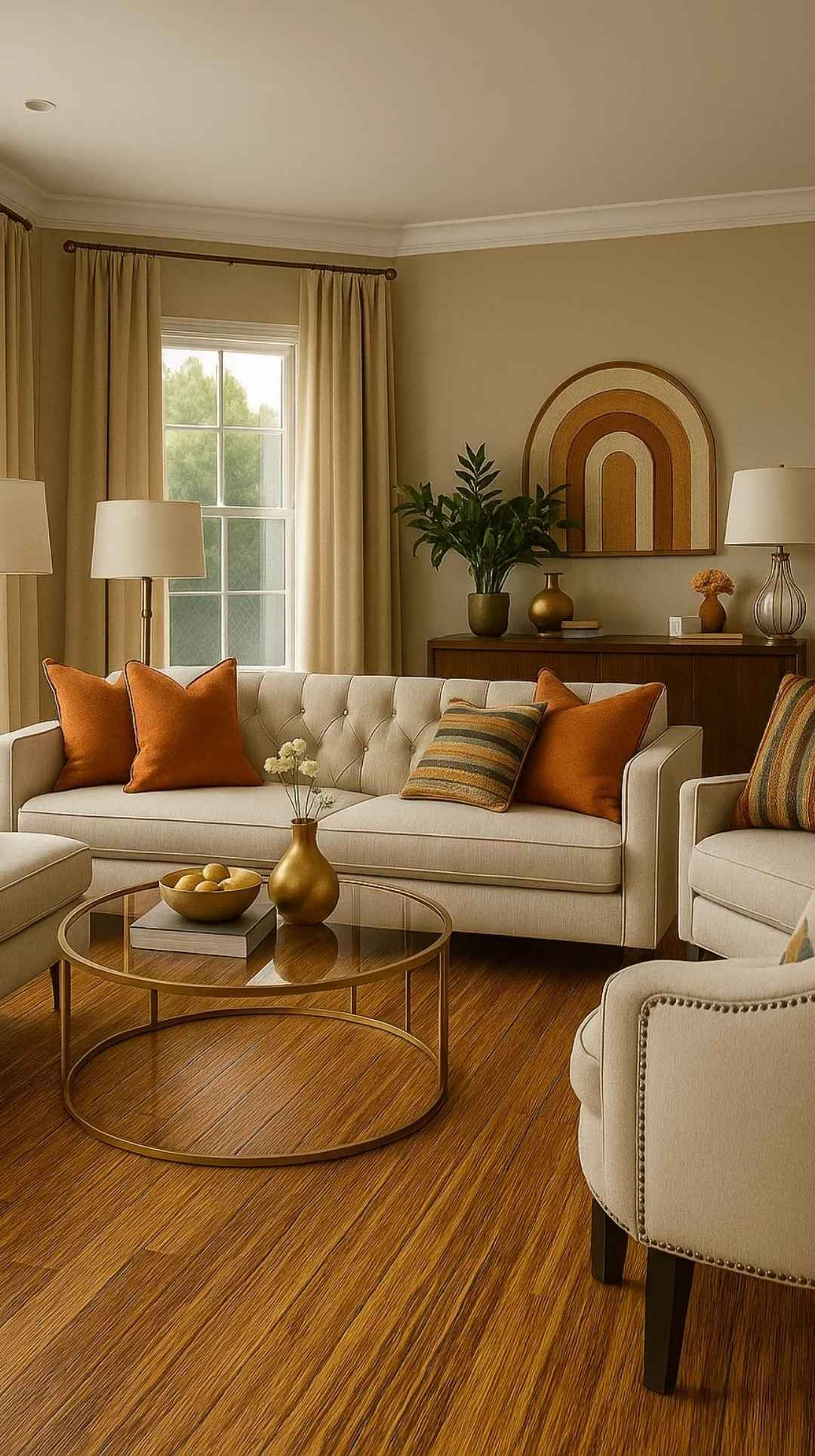 Modern living room with rich-toned bamboo flooring, neutral seating, and warm accent pillows, presenting eco-conscious flooring options for your home.