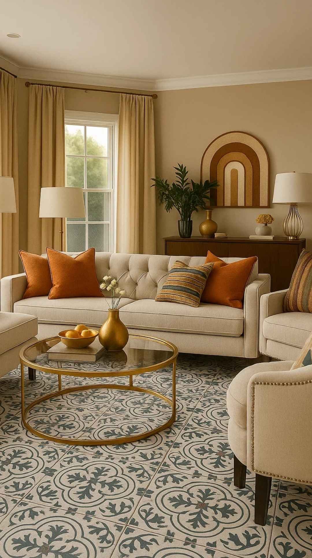 Contemporary living room with patterned grey laminate flooring, cream sofas, and warm-toned décor, highlighting stylish and practical flooring options for your home.