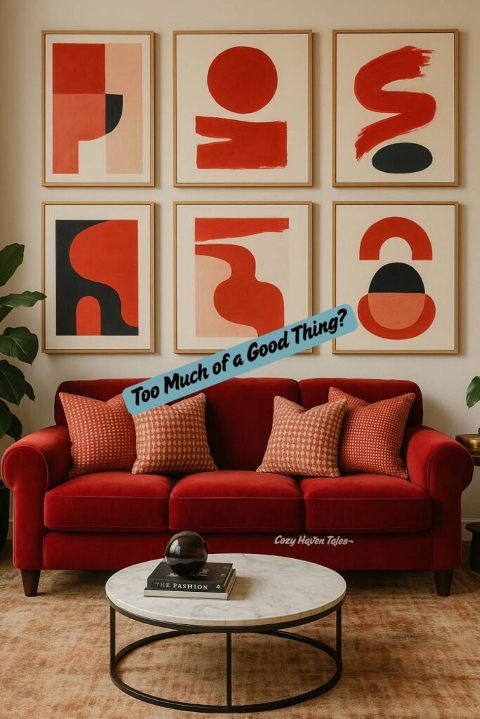 Photorealistic 3D interior with a bold red sofa, a circular marble coffee table, and six large abstract red and black artworks hung in a tight grid above the sofa, illustrating a proportion imbalance in interior design.