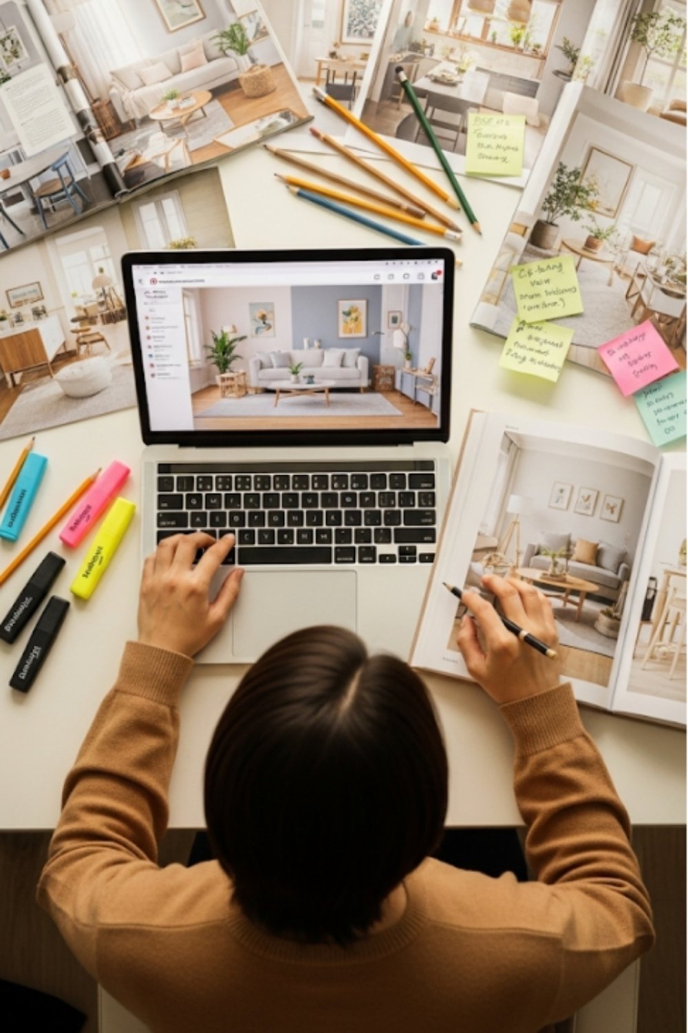Person studying interior design on a laptop and printed magazines, surrounded by colorful pens, sticky notes, and various styled room images laid out on a desk.