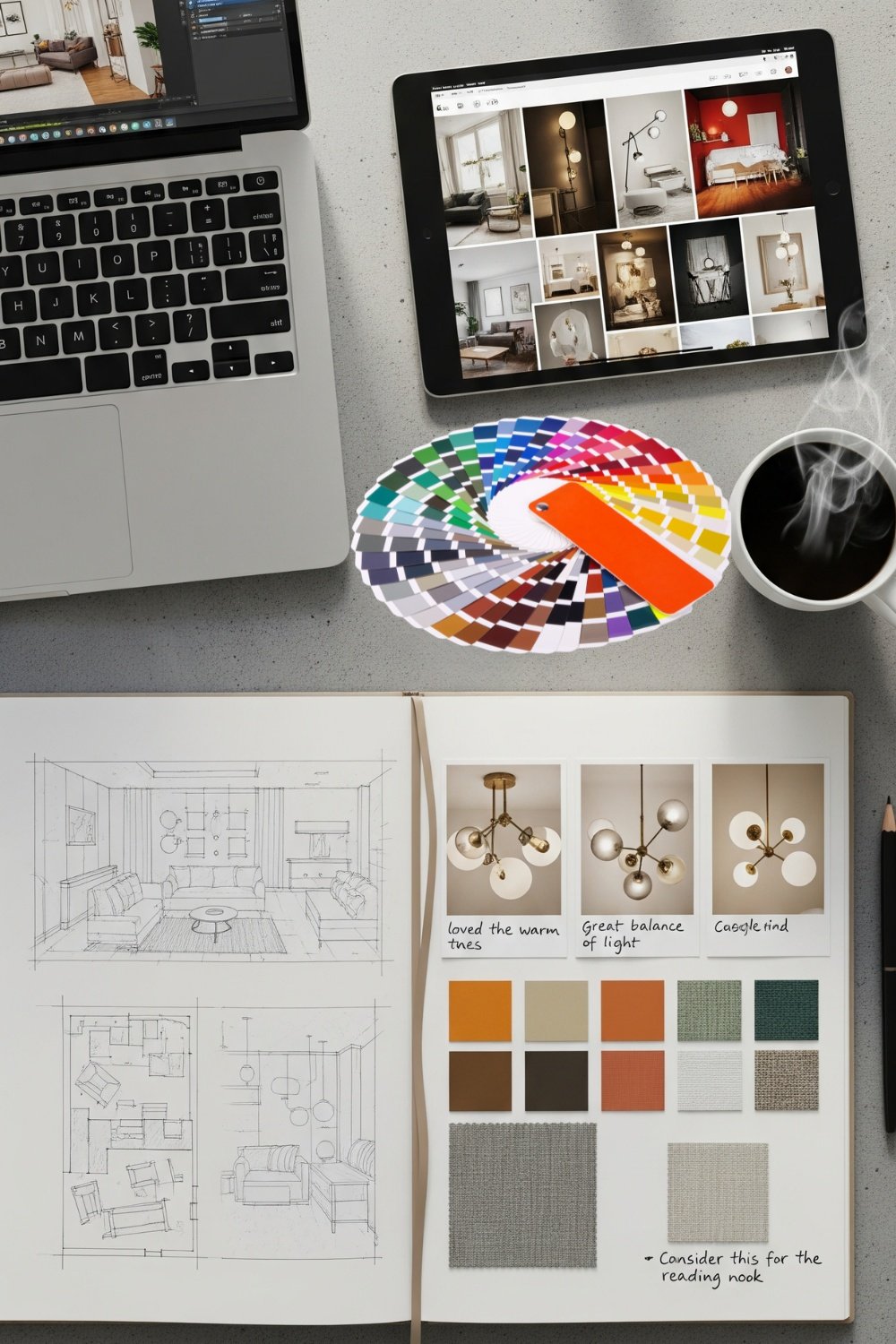 A workspace with a laptop, tablet, open sketchbook showing room layouts, lighting inspiration photos, fabric swatches, and a colorful paint sample wheel.