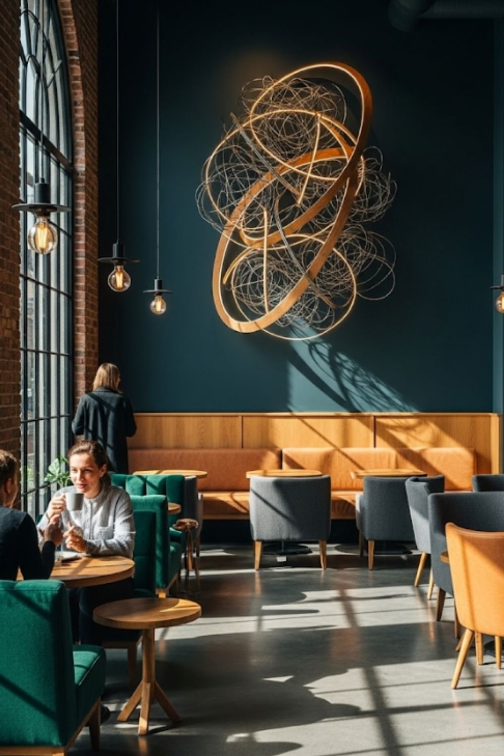 Modern café with teal walls, sculptural gold wall art, pendant lighting, and a mix of green, orange, and gray seating. A person observes the space while others chat casually.