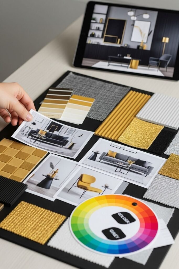 Interior design mood board featuring gold, black, white, and gray fabric swatches, printed sofa layout ideas, a color wheel, and a digital tablet displaying a modern black-and-gold themed living room.