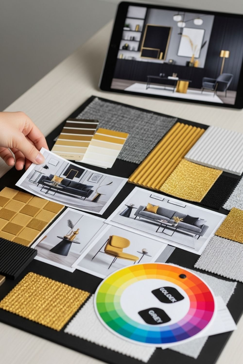 Interior design mood board featuring gold, black, white, and gray fabric swatches, printed sofa layout ideas, a color wheel, and a digital tablet displaying a modern black-and-gold themed living room.
