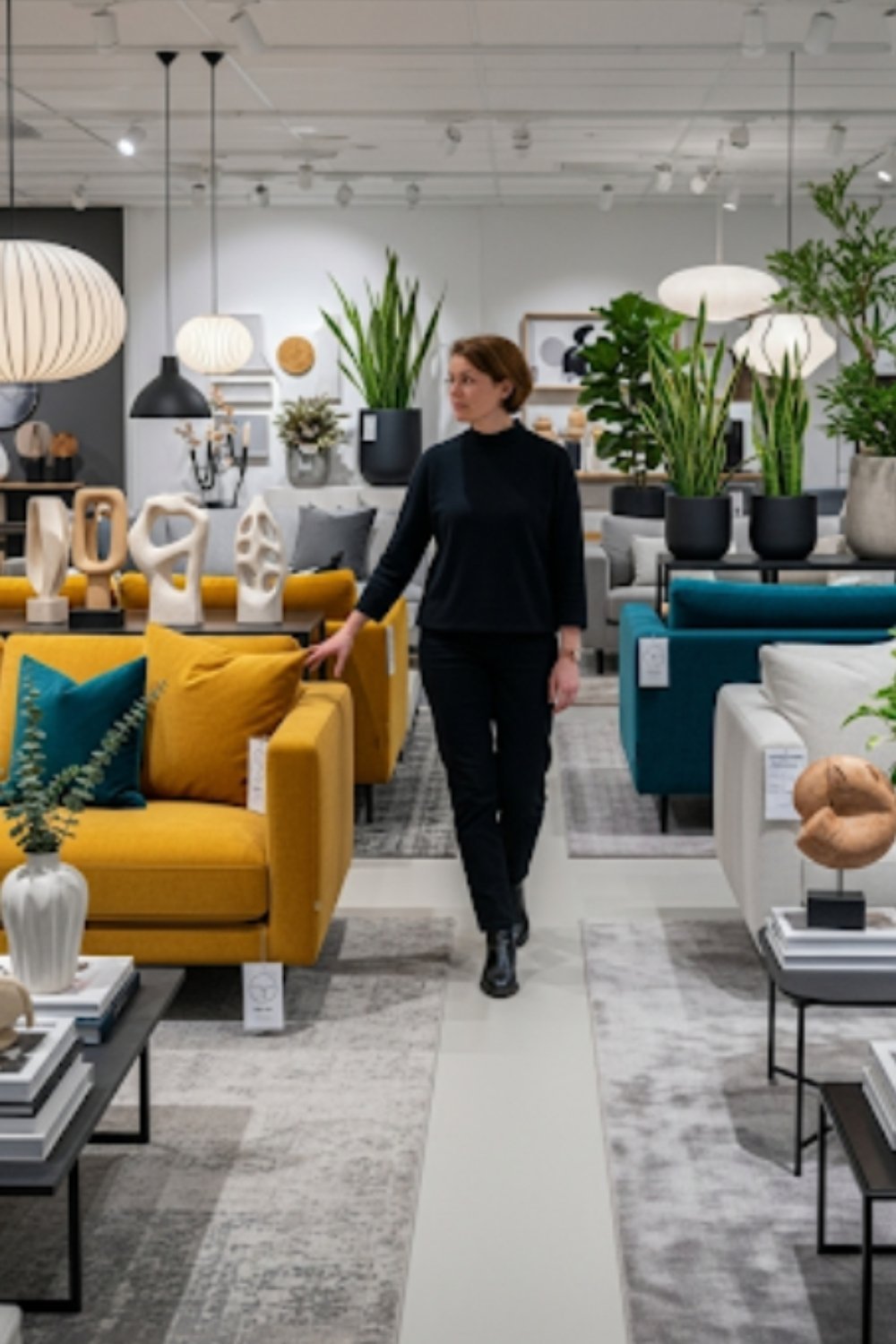 A woman walks through a modern furniture showroom featuring colorful sofas, abstract sculptures, potted plants, pendant lighting, and layered rugs.