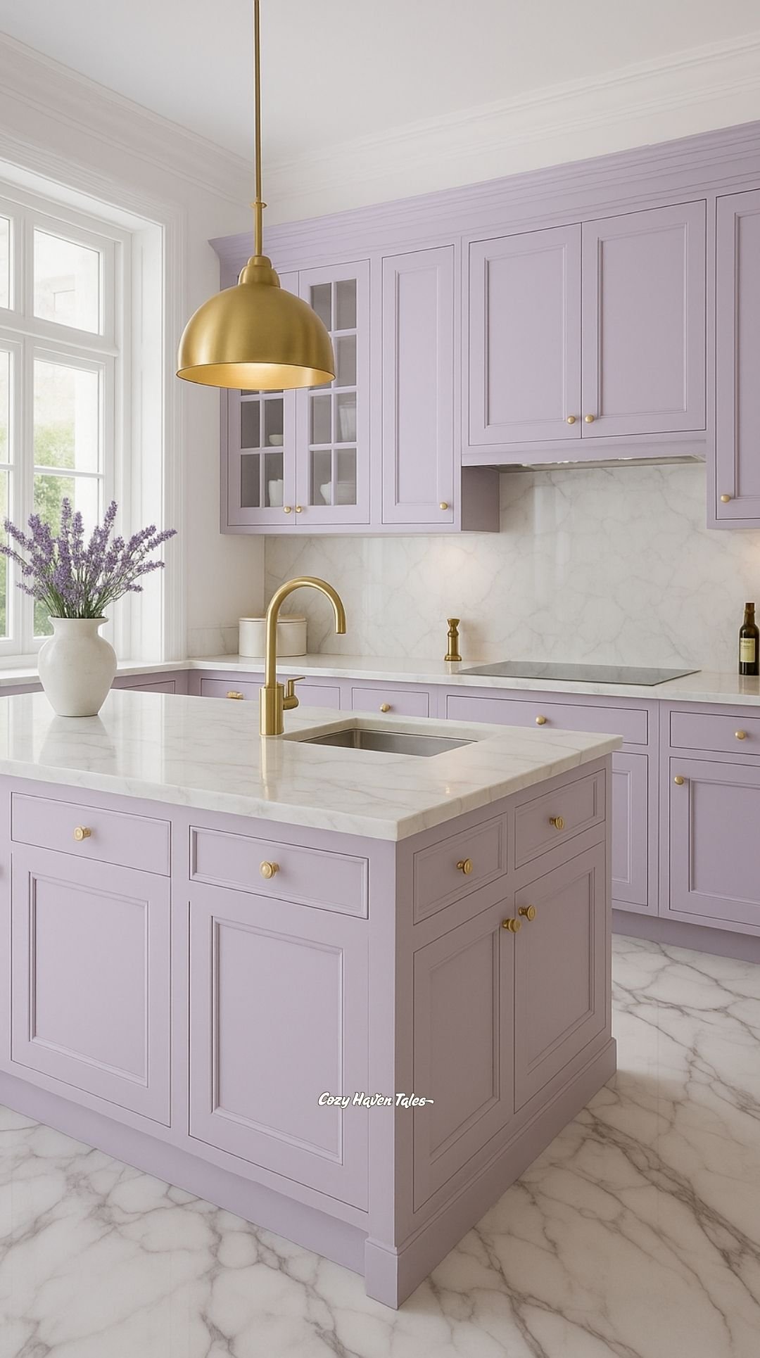 Pastel kitchen palette ideas with soft lavender cabinets, white marble countertops, and gold pendant lighting for an elegant and serene feel.