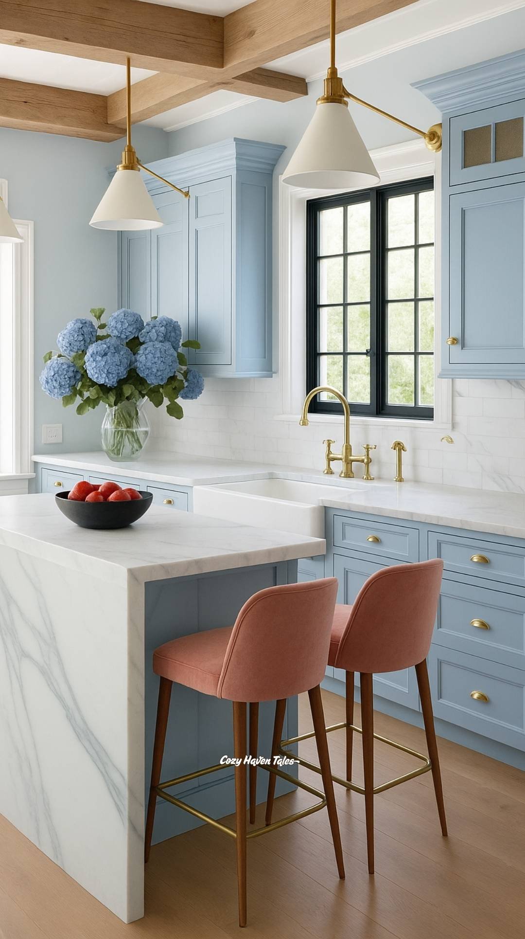 Pastel kitchen palette ideas featuring light blue cabinets, a white island, and brass hardware for a calming, airy space.