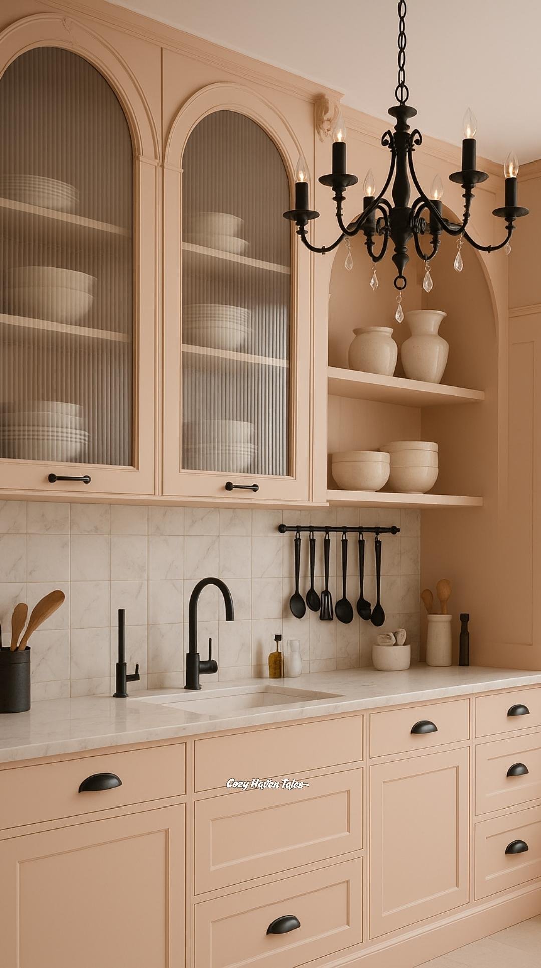Pastel kitchen palette ideas with peach-toned cabinetry, black chandelier, and elegant open shelving for a warm, welcoming style.