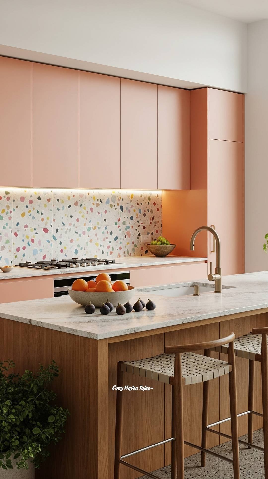 Pastel kitchen palette ideas with soft coral cabinetry, terrazzo backsplash, and wood accents for a playful, modern feel.