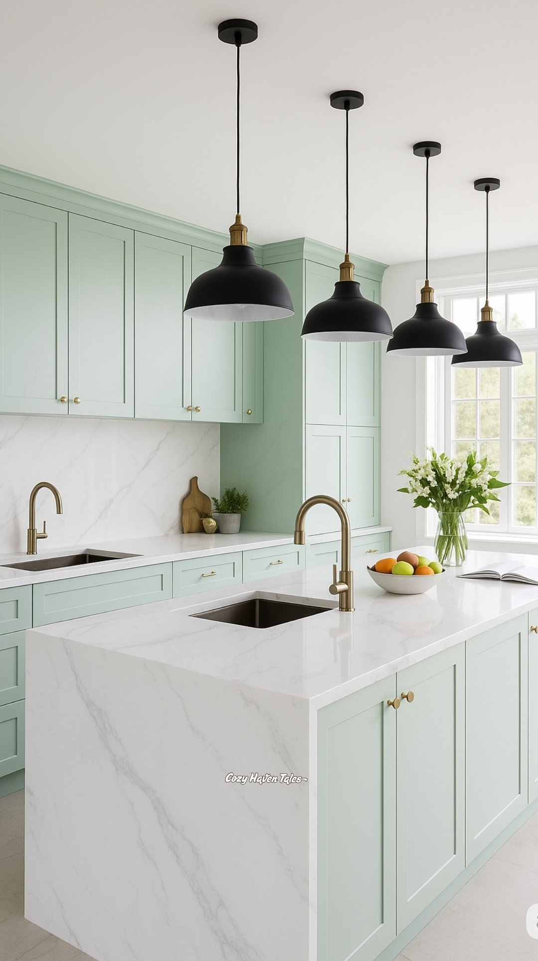 Pastel kitchen palette ideas with mint green cabinets, white marble countertops, and black pendant lighting for a fresh, modern retreat.