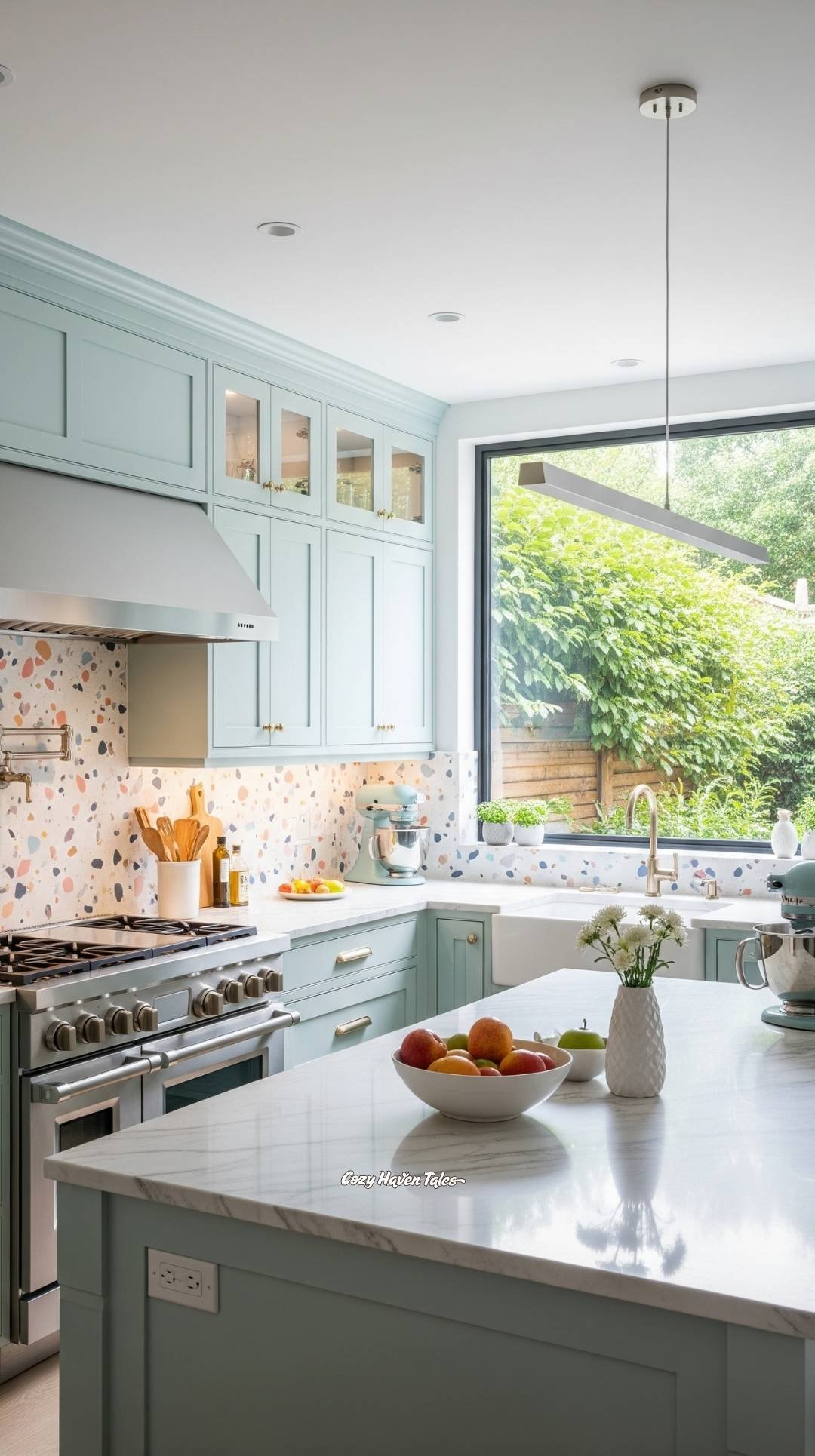 Pastel kitchen palette ideas with aqua cabinets, colorful mosaic backsplash, and bright natural lighting for a refreshing space.