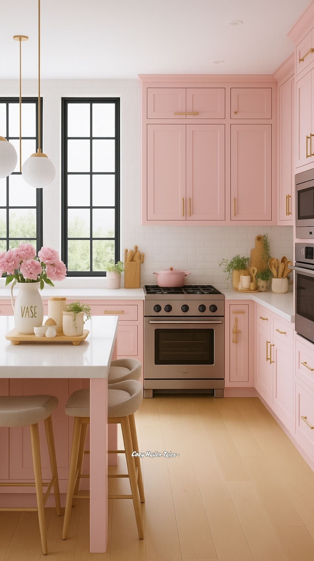Pastel kitchen palette ideas with blush pink cabinets, white island seating, and brass accents for a chic, welcoming vibe.