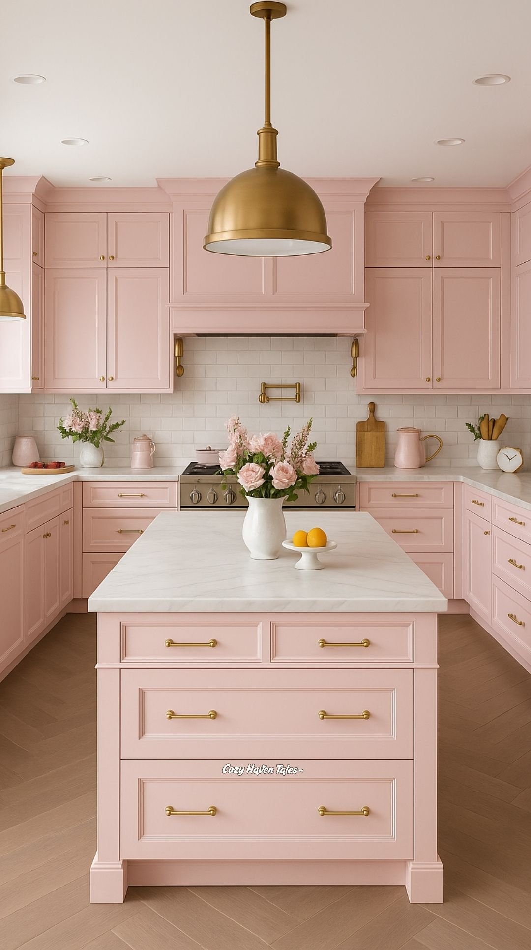 Blush-pink kitchen cabinets with brass hardware, marble countertop, and gold pendant lighting.