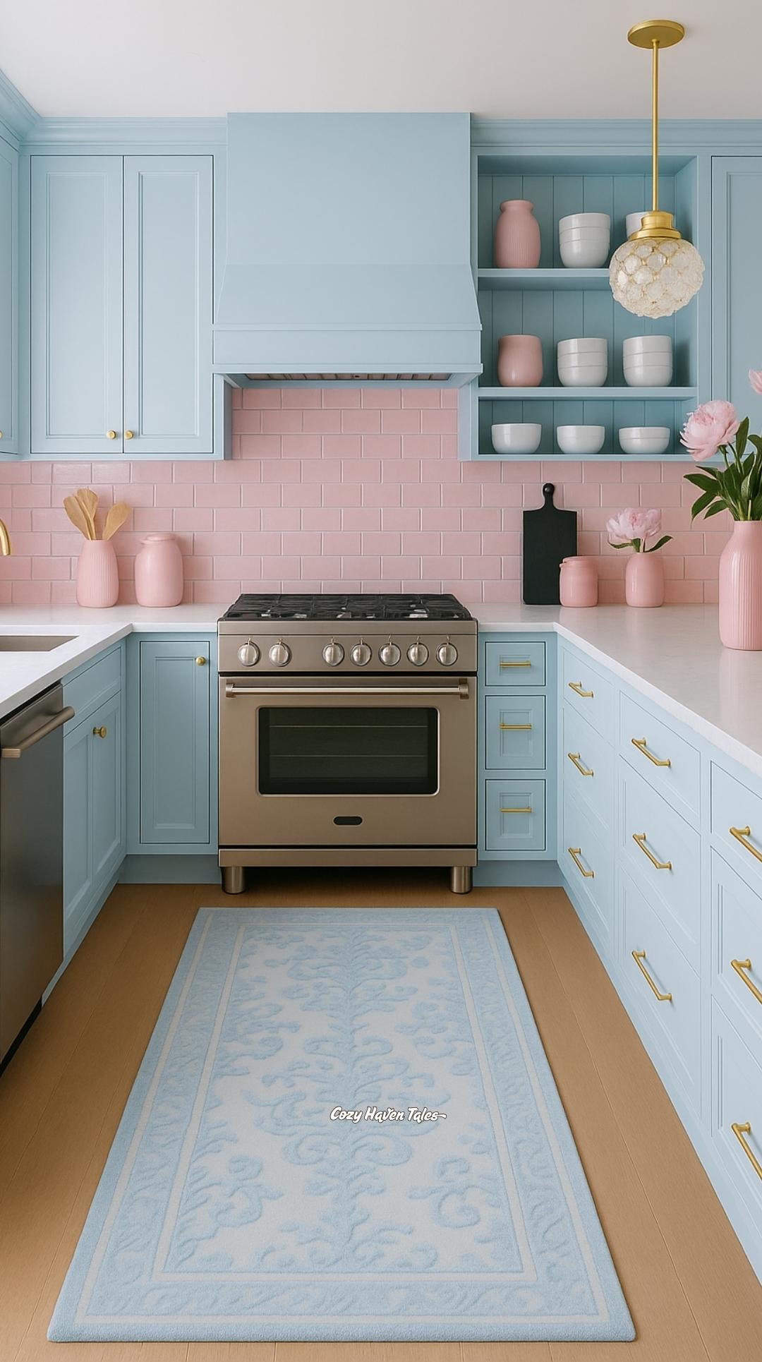 Blue kitchen cabinets with blush-pink tiled backsplash and gold lighting.