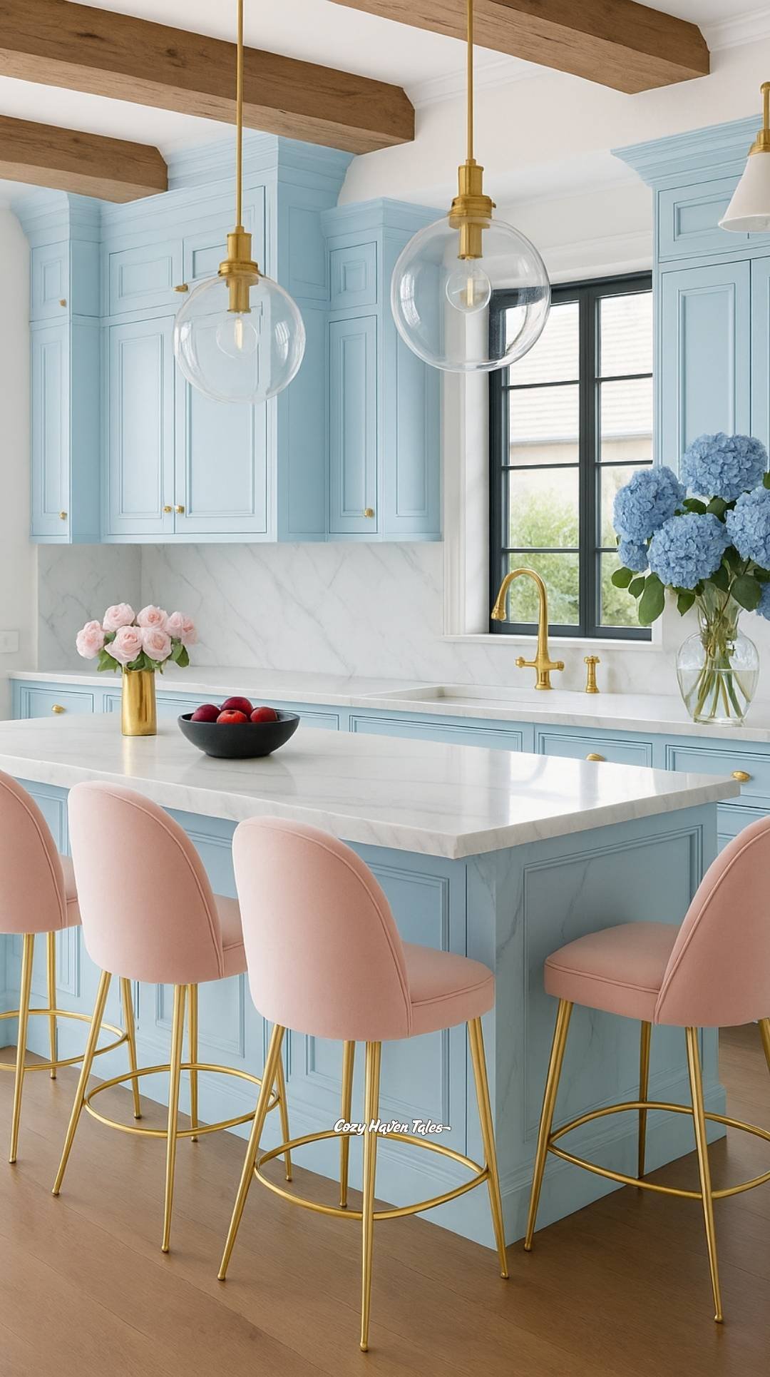 Pastel-blue cabinets with blush-pink stools and marble waterfall island.