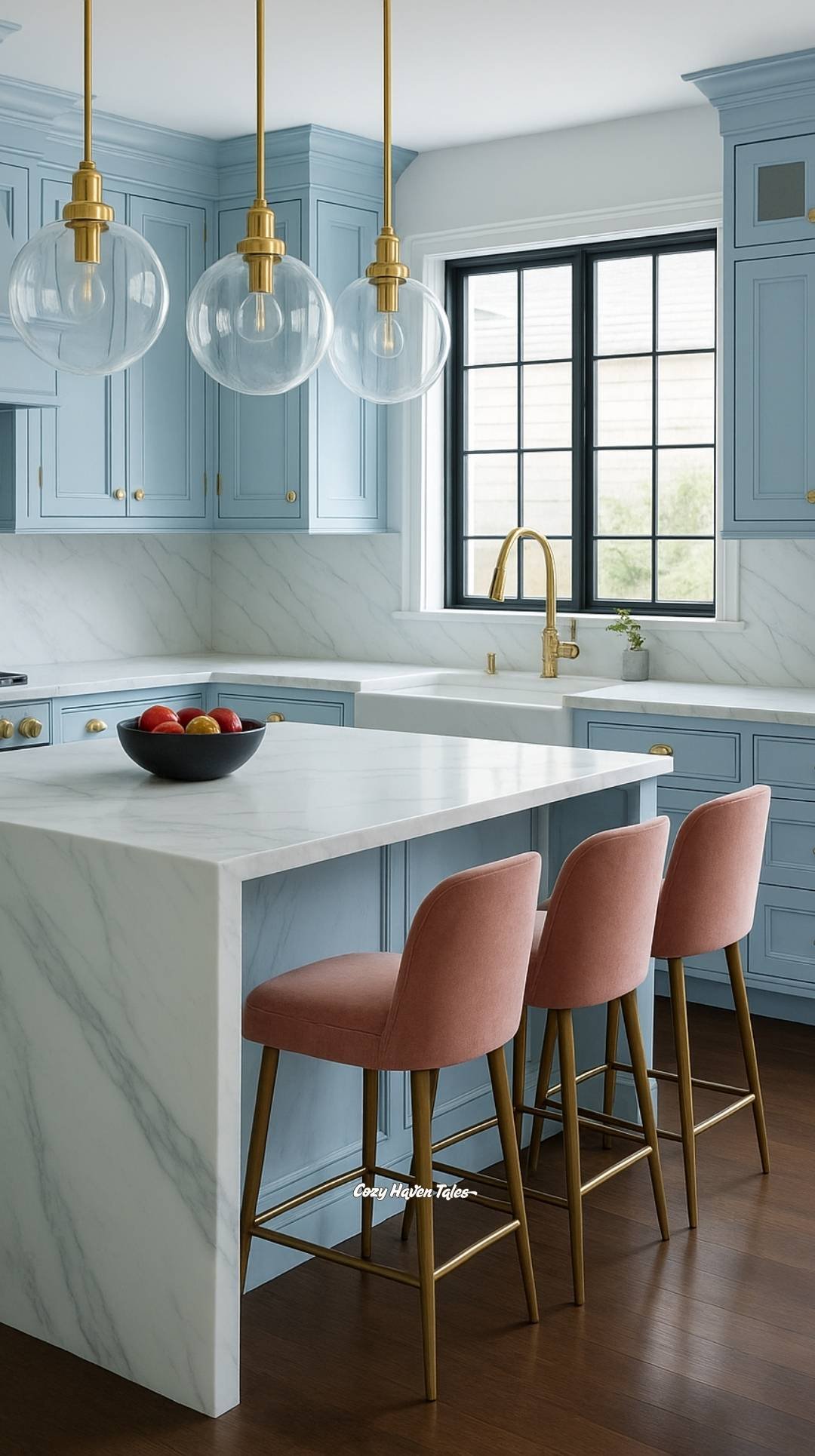 Blue cabinets with pink bar stools and gold fixtures.