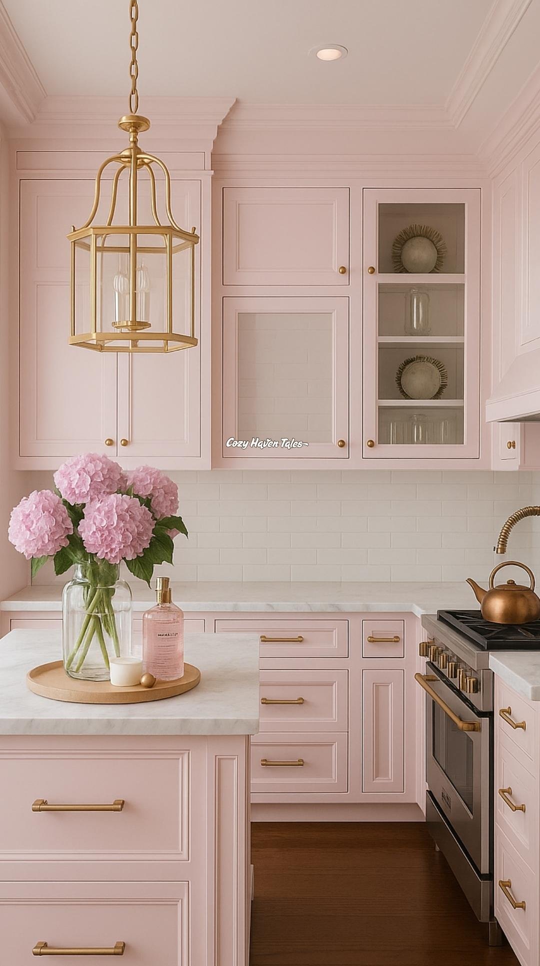 Blush-pink cabinets with white counters and lantern pendant light.