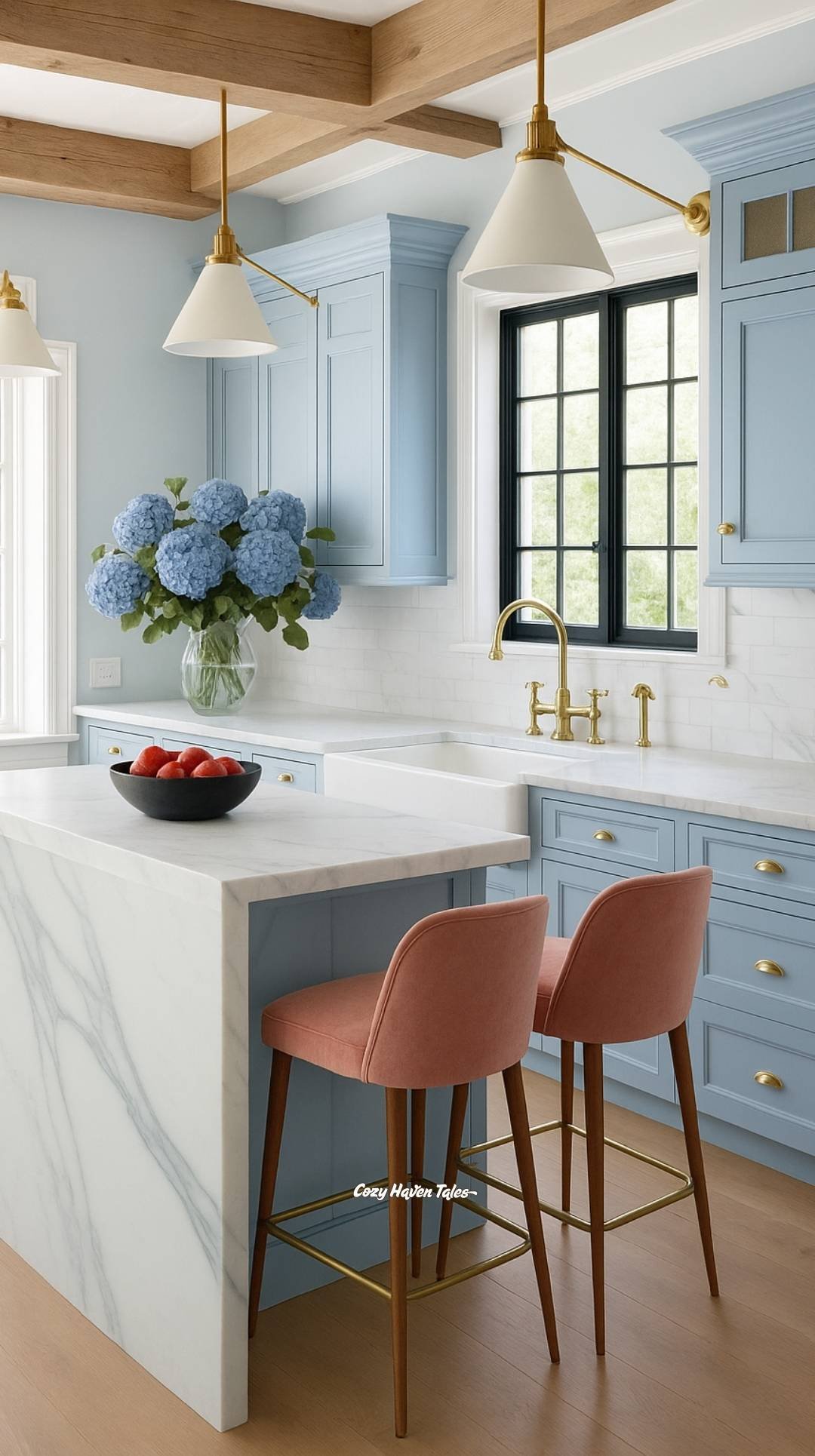 Blue cabinets with wood beams, warm flooring, and pink stools.