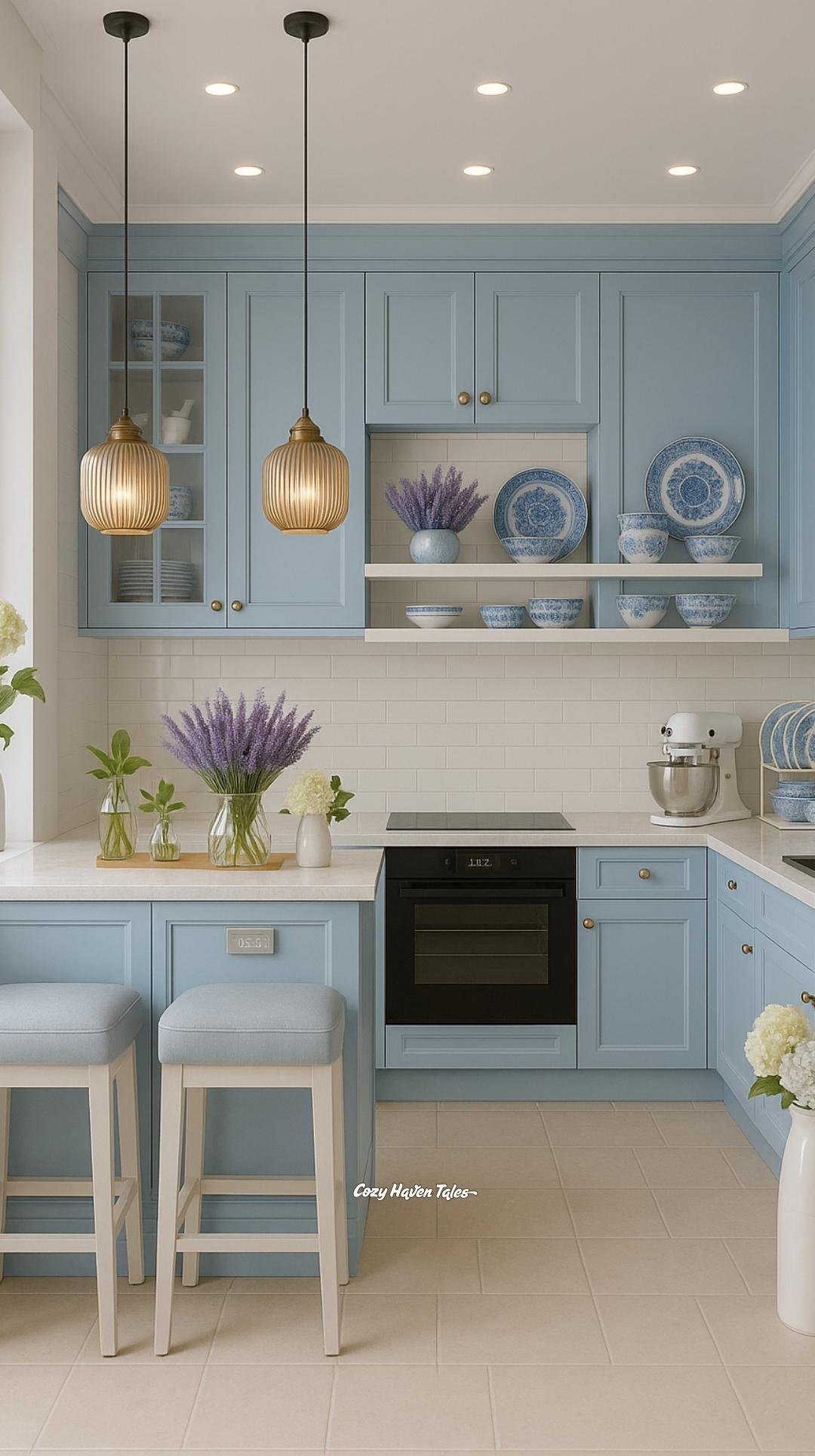 Soft-blue cabinets with warm pendant lights and neutral flooring.