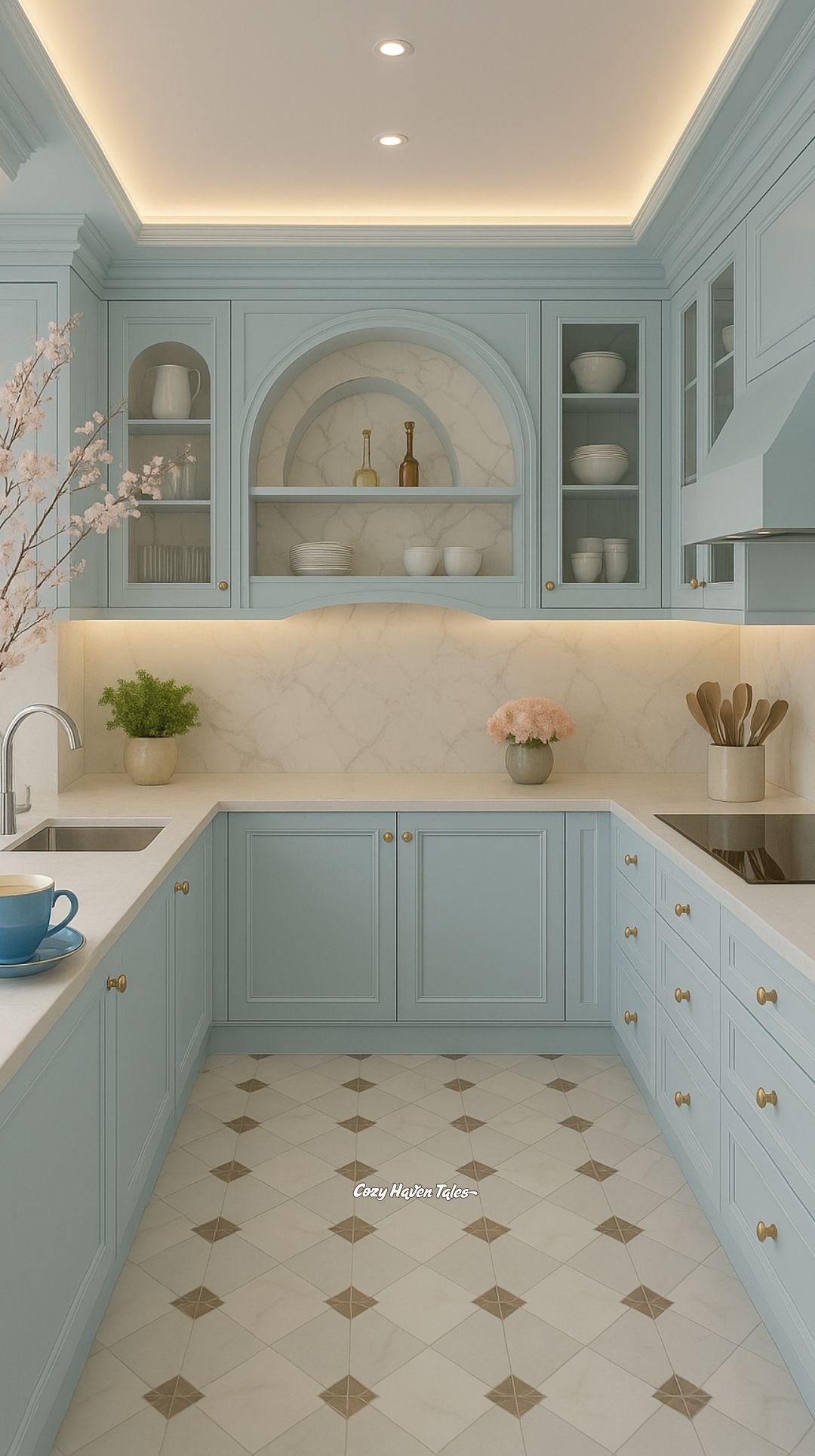 U-shaped muted blue kitchen with patterned tile floor.