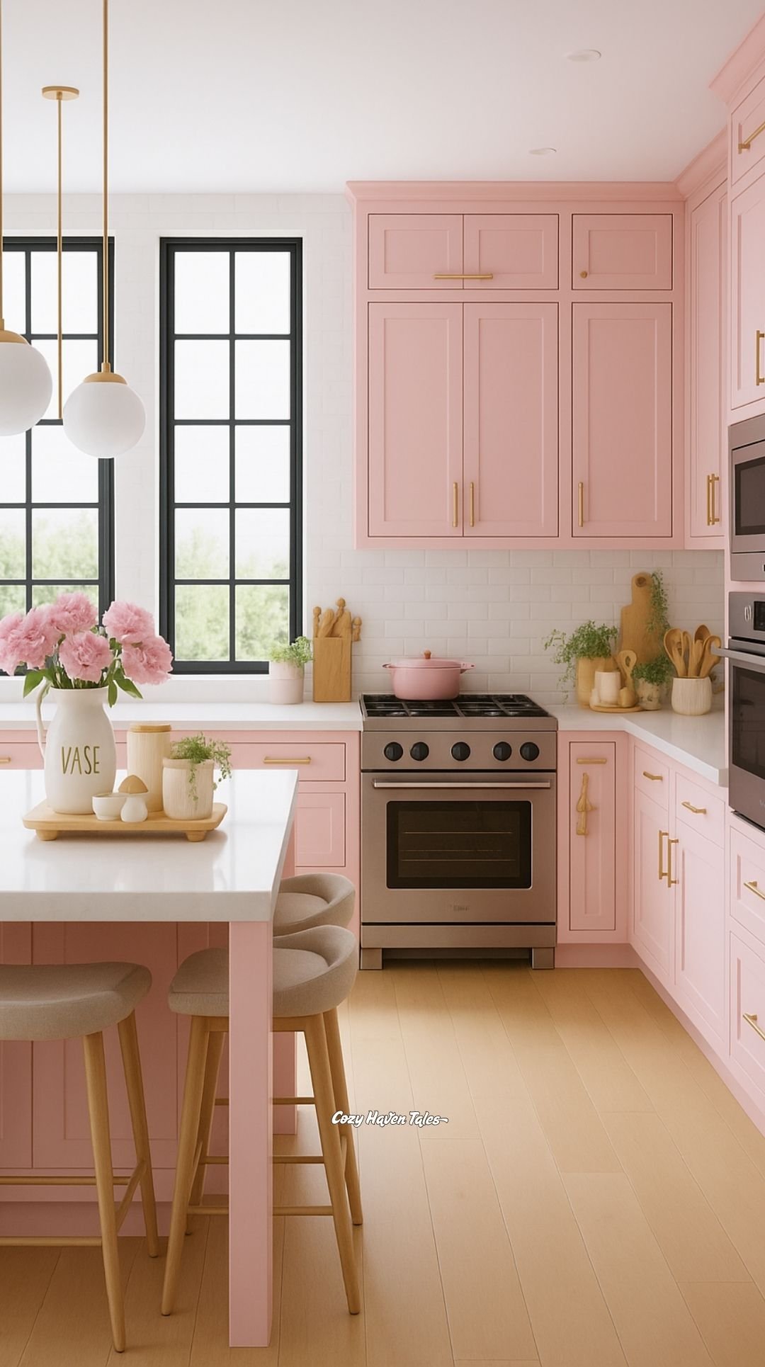 Blush-pink cabinets with white countertops, black-framed window, and light wood stools.