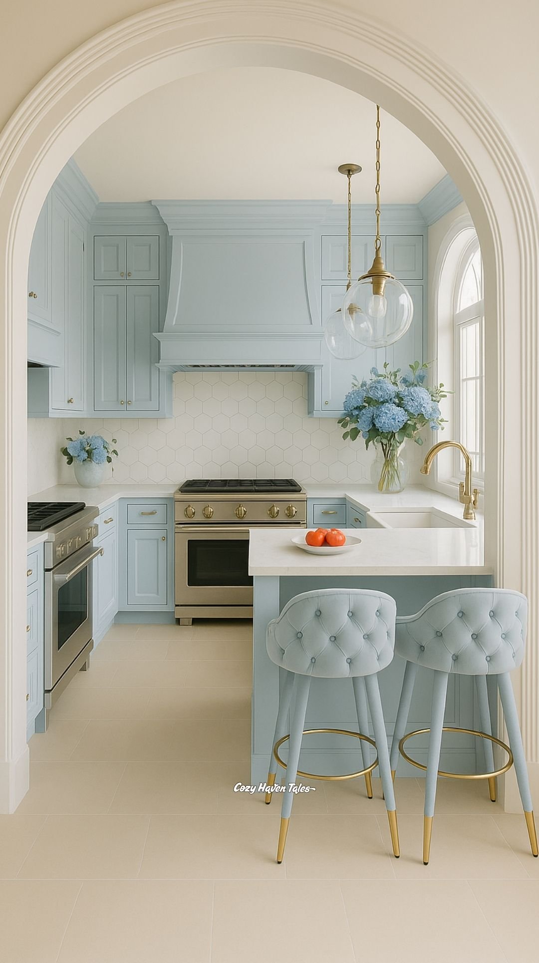 Pastel-blue cabinets framed by an arched opening with matching stools and white backsplash.