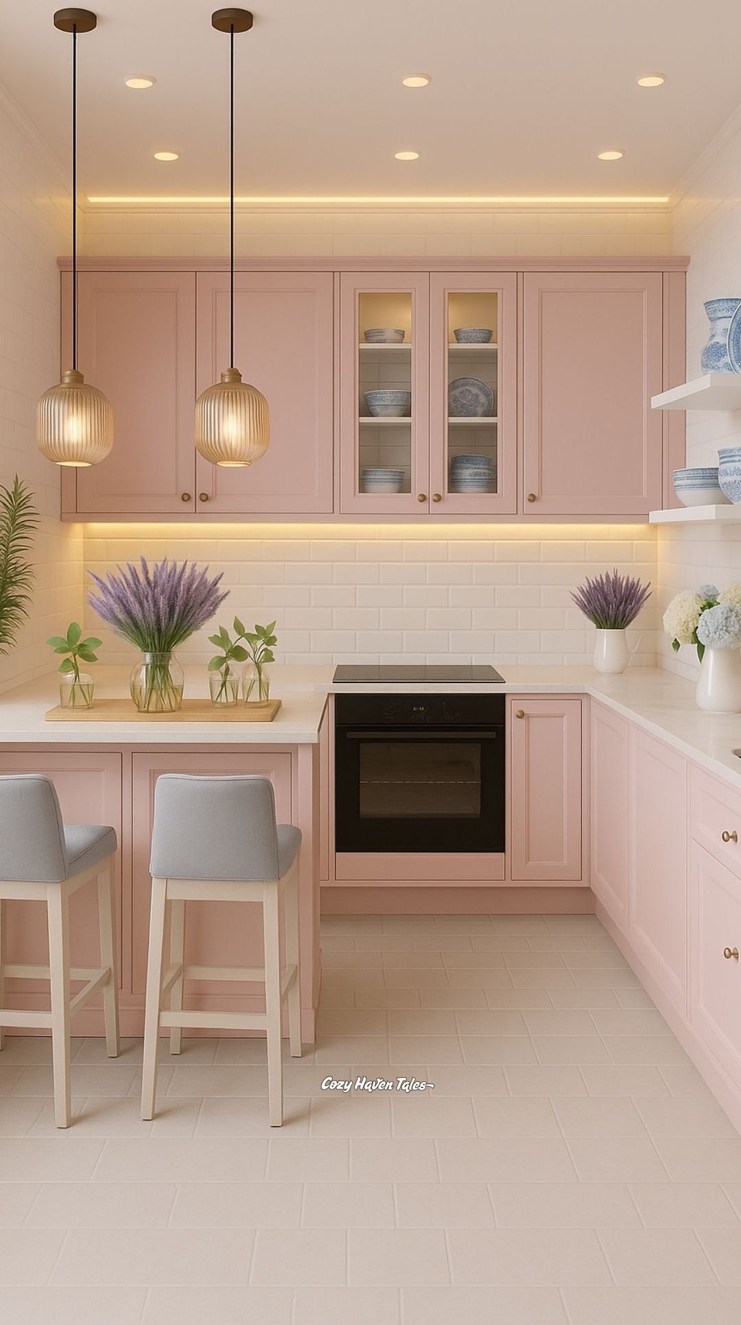 Blush-pink cabinets with under-cabinet lighting and lavender floral decor.