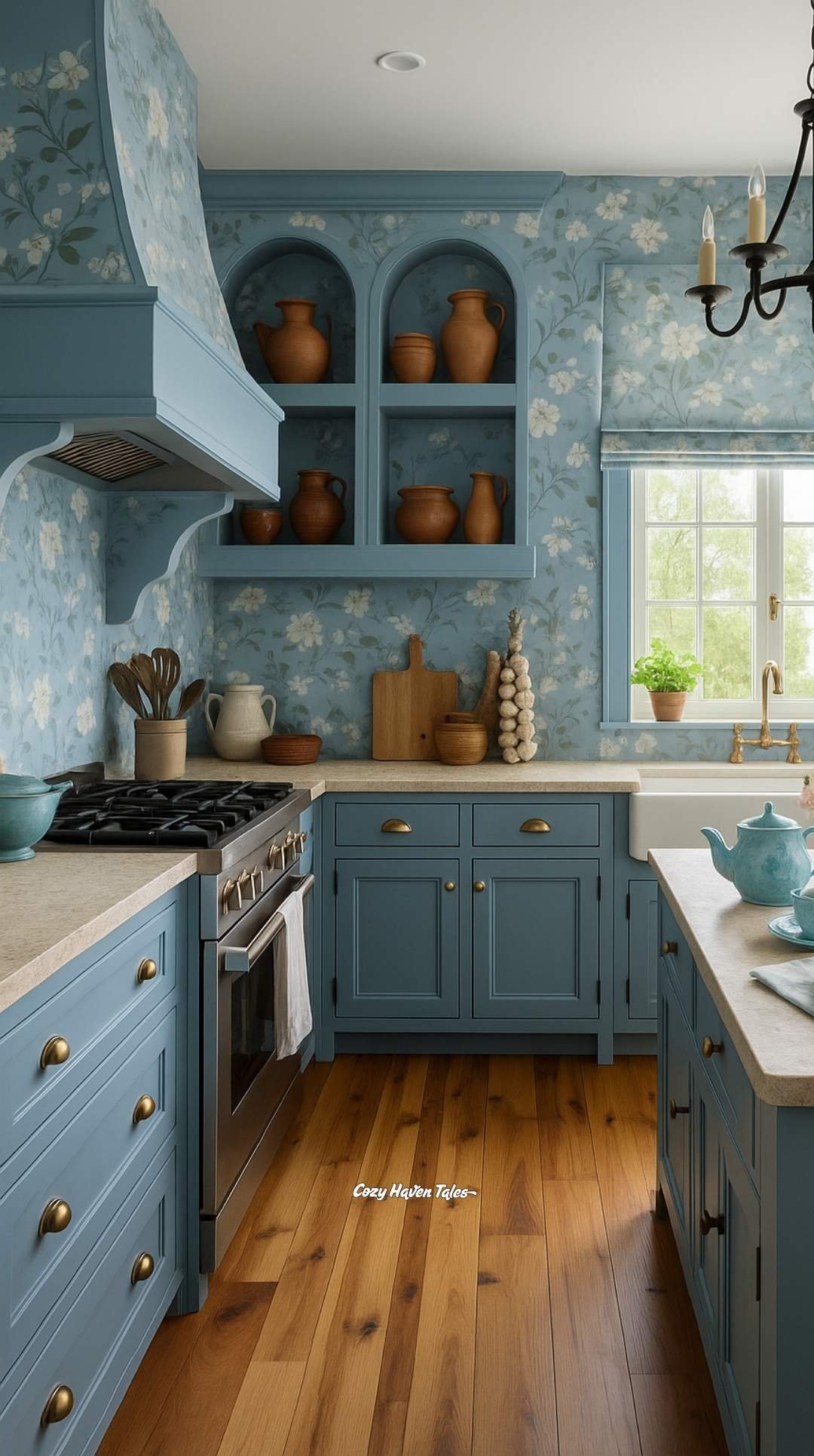 Rich blue cabinets with floral wallpaper and wood flooring.