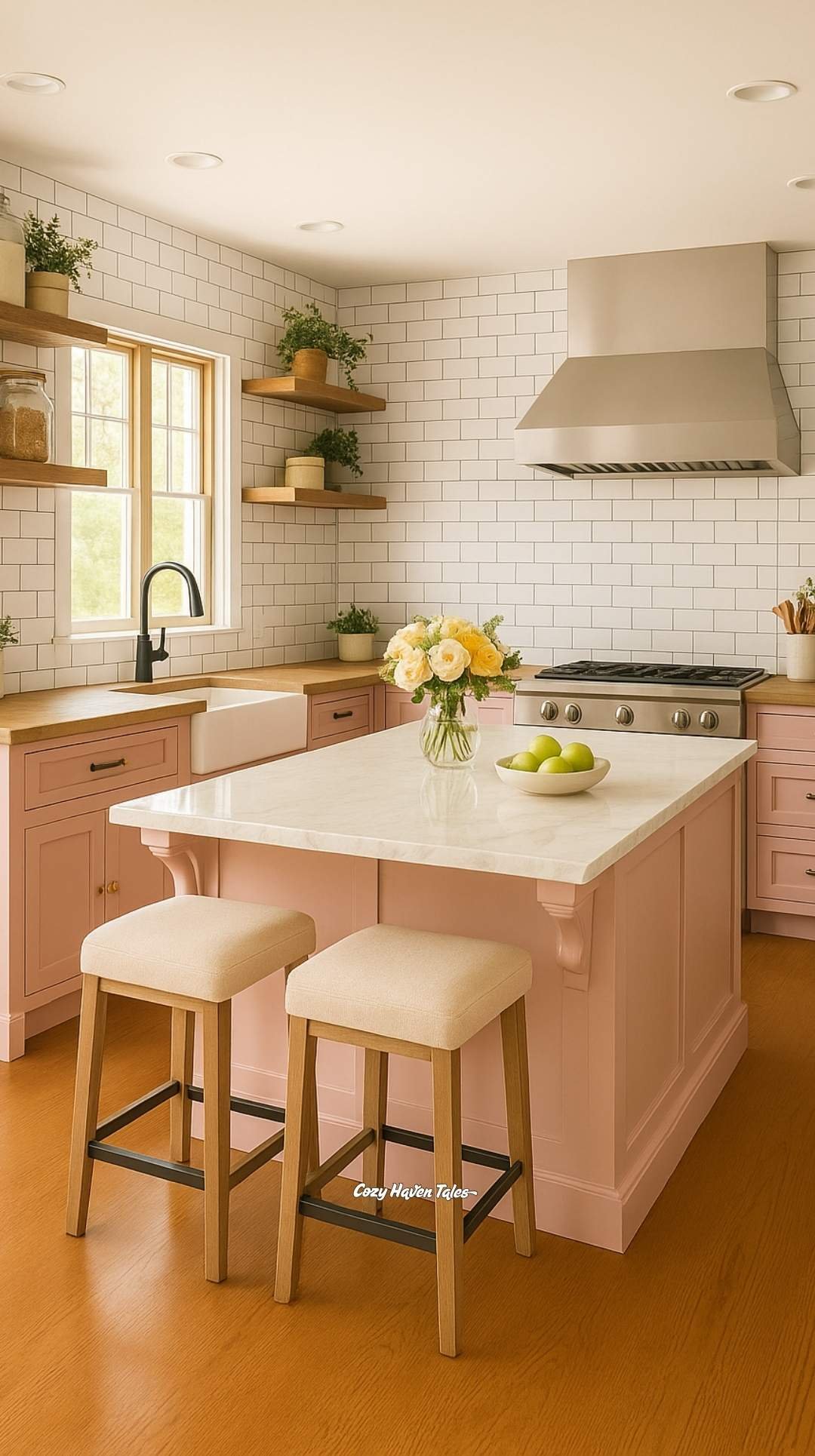 Blush-pink kitchen island with white cabinets and wood flooring.