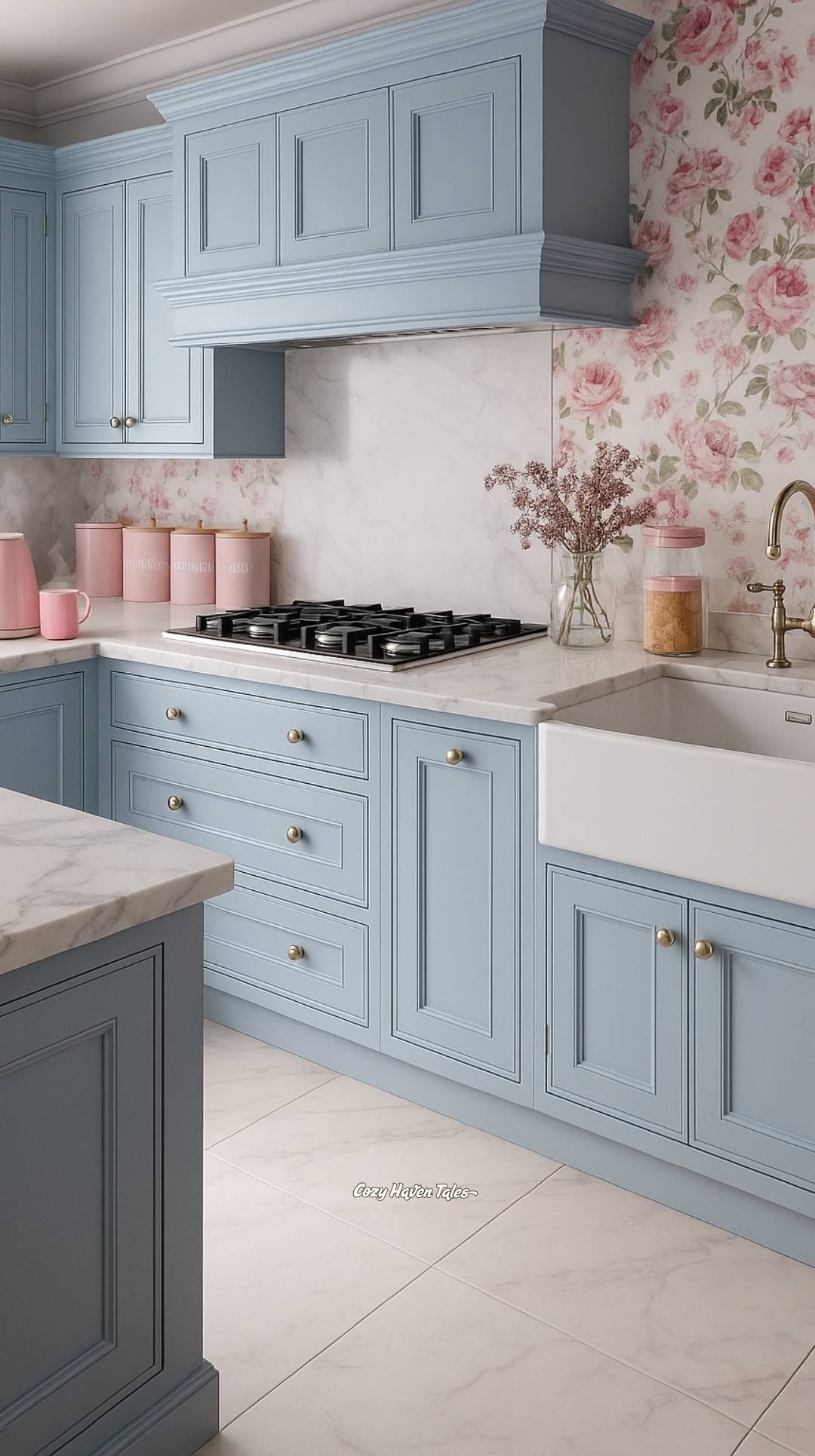 Light-blue cabinets with floral backsplash and farmhouse sink.