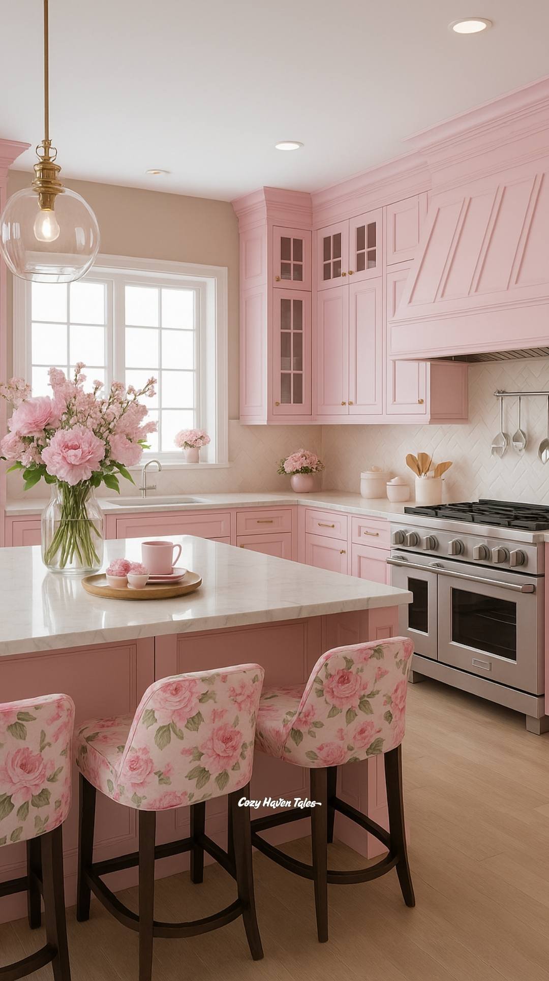 Pink kitchen cabinets with floral bar stools, white countertops, and glass pendant lighting.