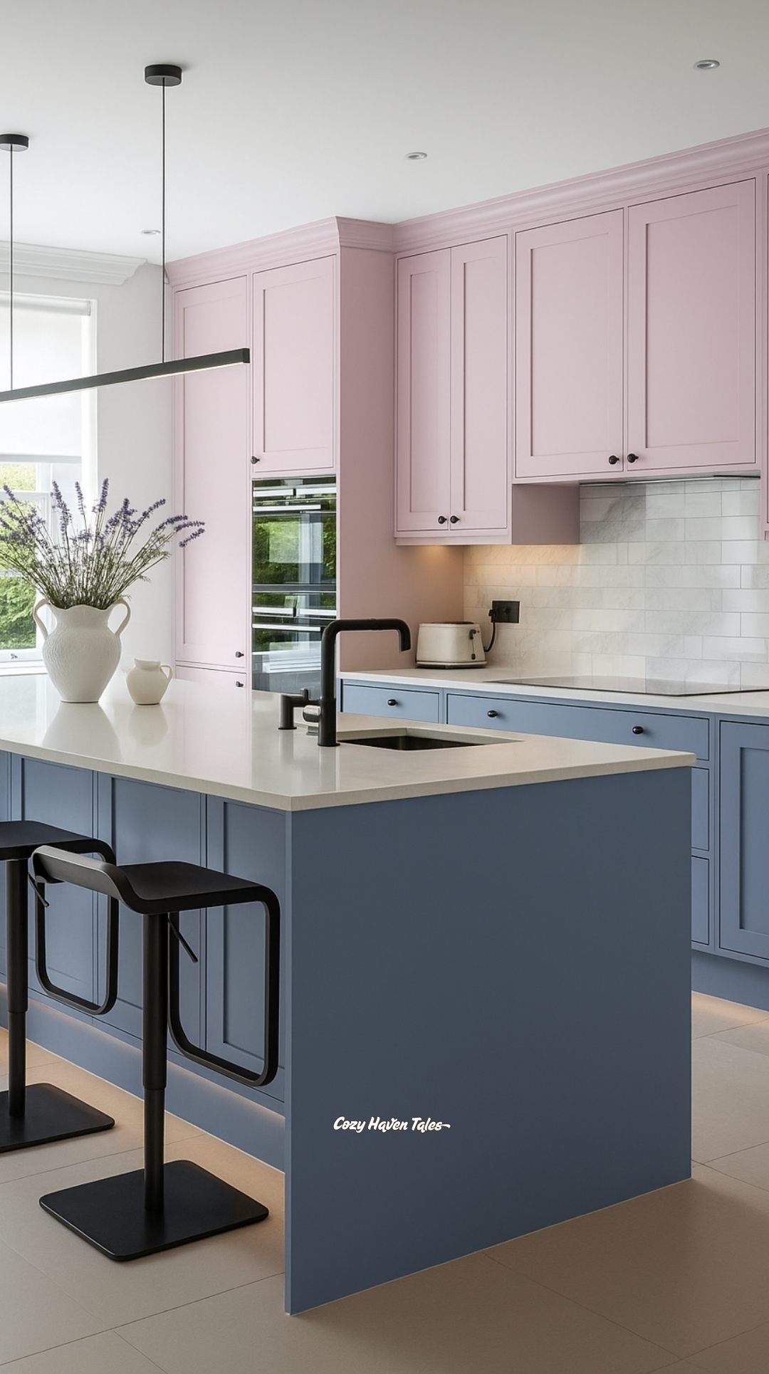 Two-tone kitchen with soft pink upper cabinets, deep blue island, and black bar stools.