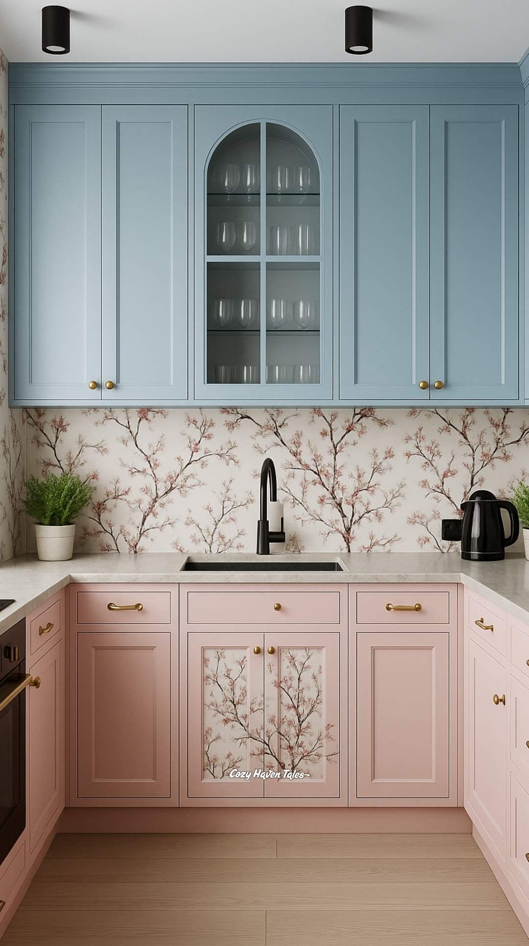 Kitchen with blush base cabinets, pastel-blue upper cabinets, and floral backsplash.