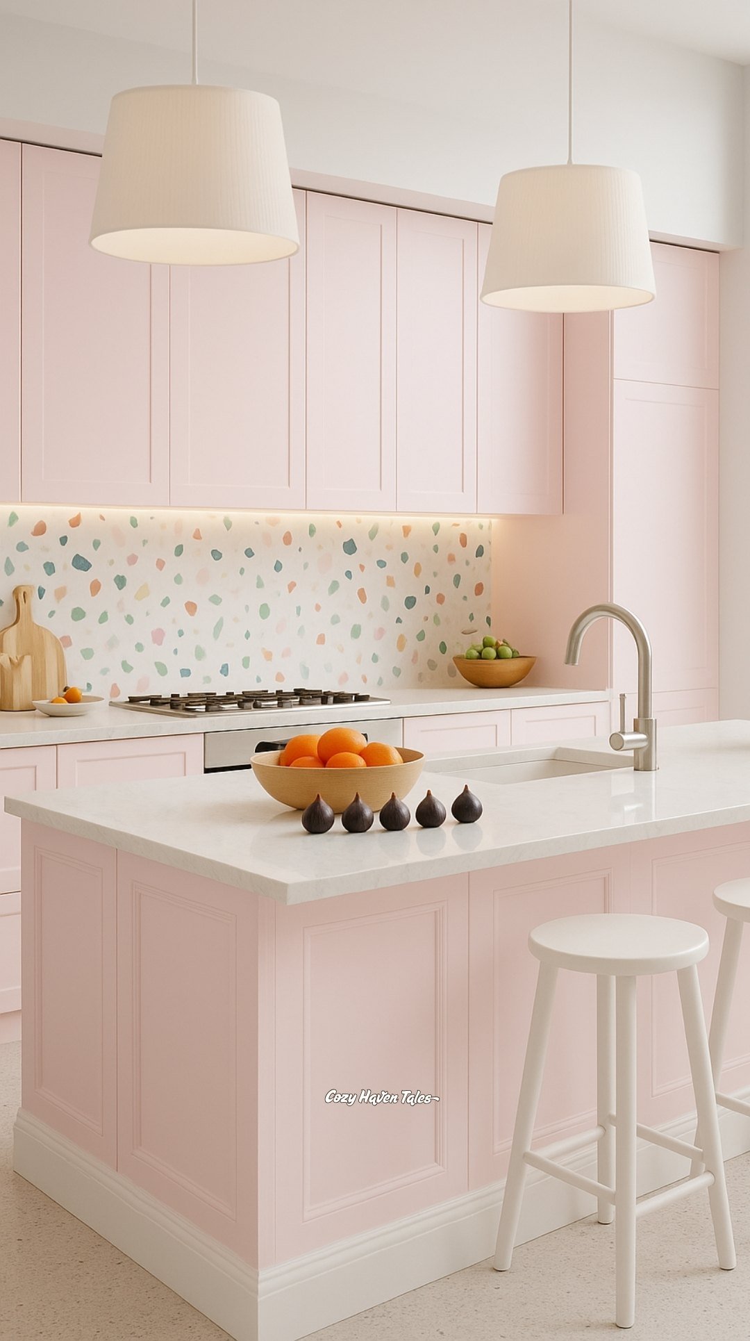 Blush-pink kitchen with white island stools, large pendant lights, and pastel-patterned backsplash.