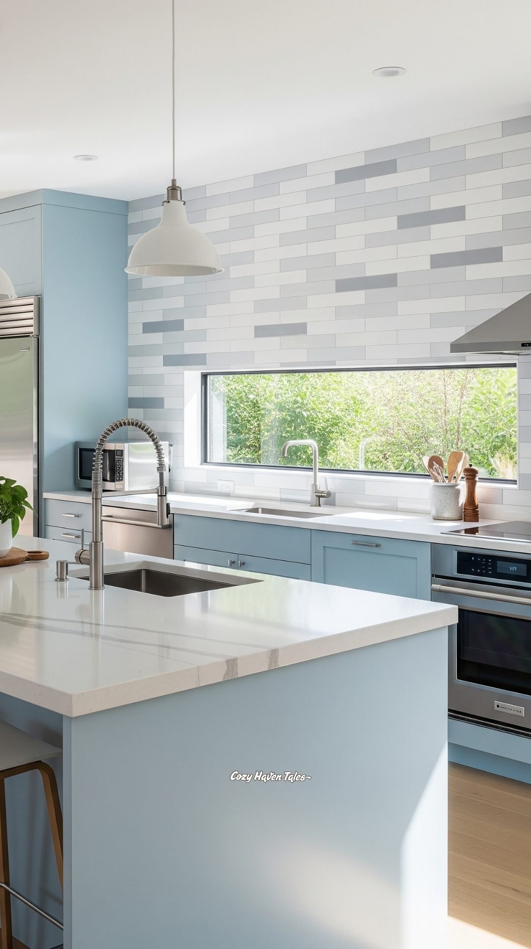 Modern kitchen with soft blue cabinets, linear grey-and-white tile backsplash, and wide horizontal window.