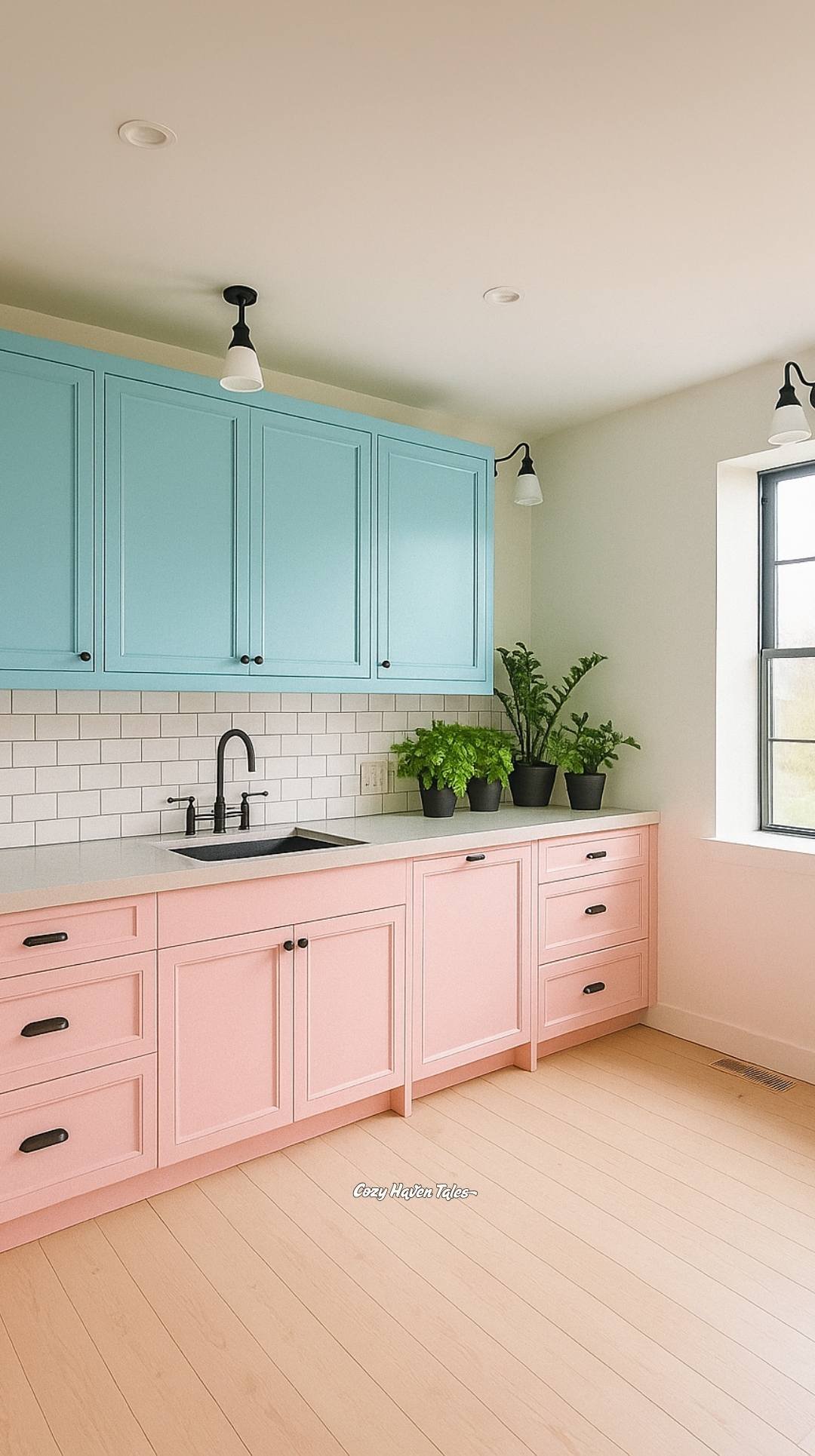 Kitchen with pastel-blue upper cabinets, blush-pink lower cabinets, and white subway tile backsplash.