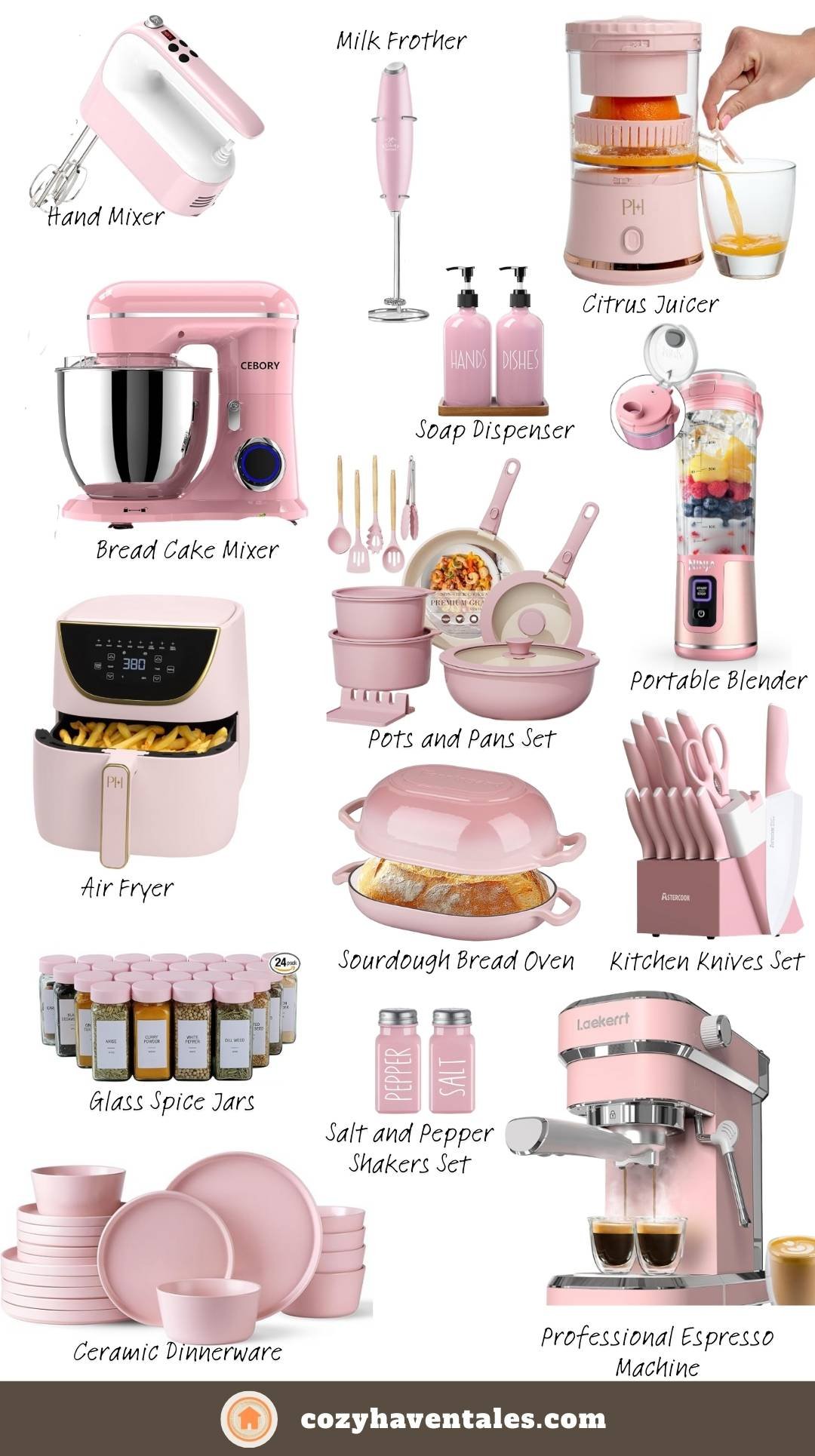 A curated collection of pink pastel kitchen essentials from Amazon, including a hand mixer, milk frother, citrus juicer, bread cake mixer, soap dispenser, portable blender, air fryer, pots and pans set, sourdough bread oven, kitchen knives set, glass spice jars, salt and pepper shakers set, ceramic dinnerware, and a professional espresso machine.