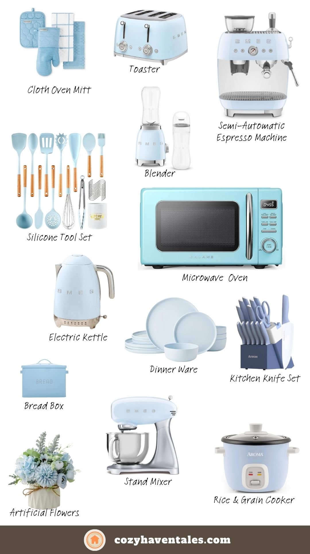 Collection of pastel blue kitchen appliances and accessories, including toaster, microwave, stand mixer, and dinnerware, displayed on a white background.