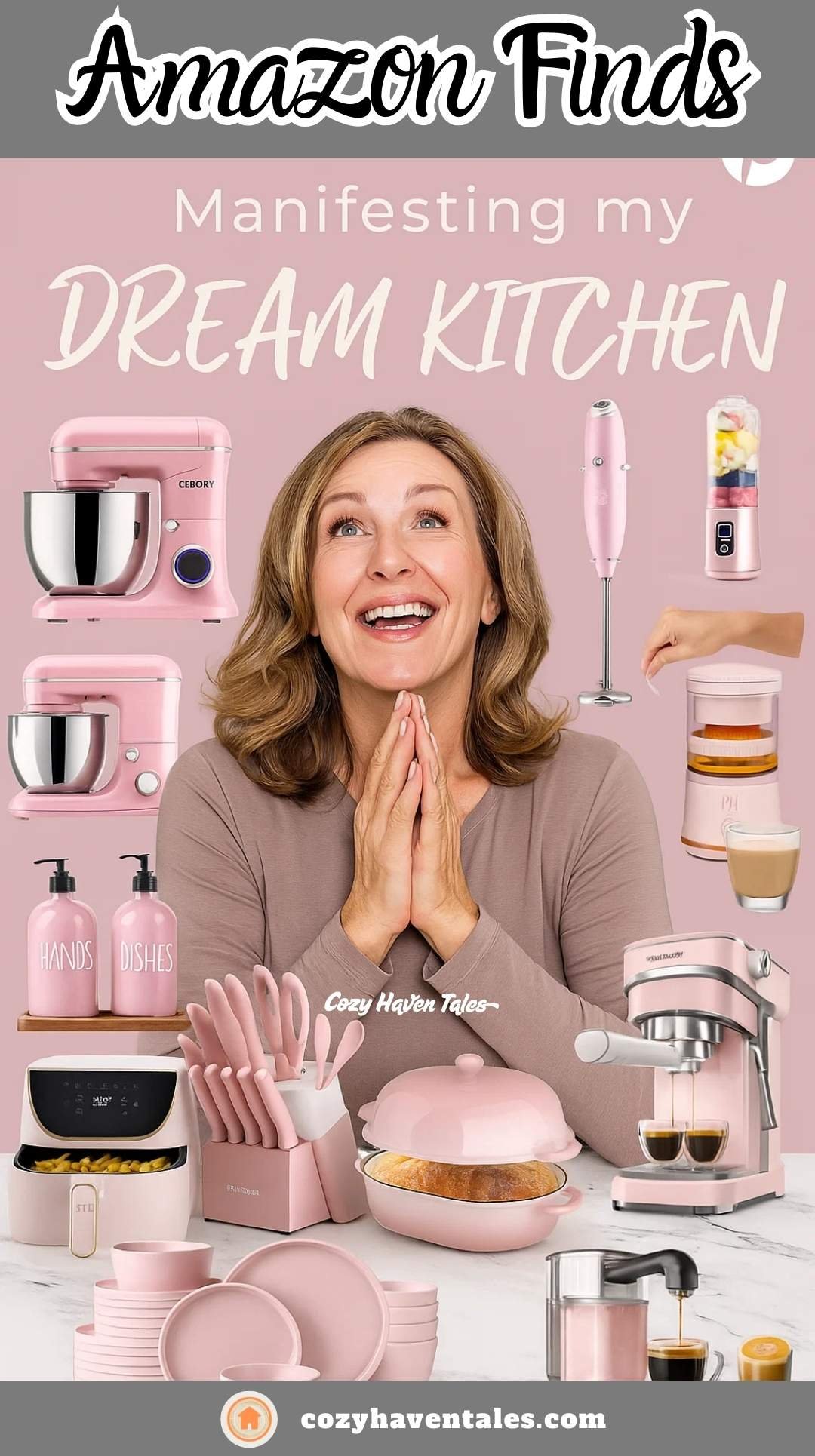 Woman smiling in a pastel pink-themed kitchen surrounded by coordinated pink kitchen appliances from Amazon.