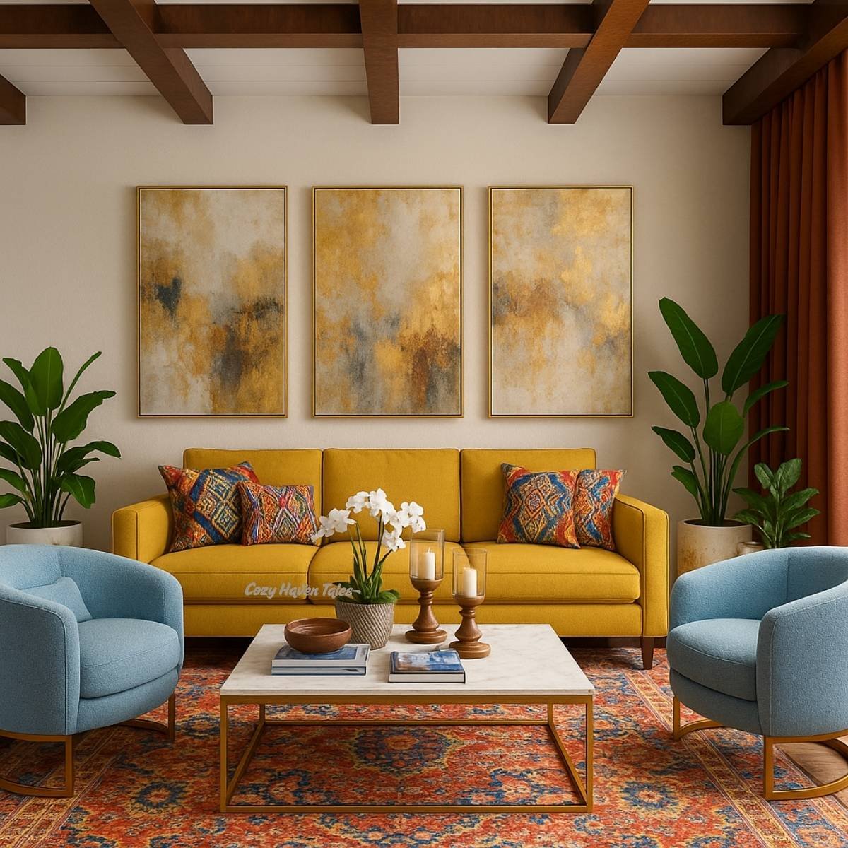 Symmetrical living room with a yellow sofa, matching blue armchairs, three gold abstract artworks, and potted plants arranged evenly for visual balance.