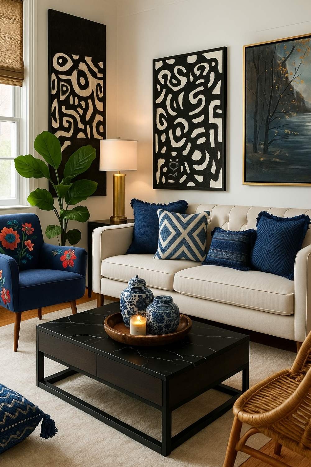 Living room with a cream sofa, navy floral accent chair, black coffee table, and asymmetrical black-and-white wall art, styled with bold patterns and blue accessories.