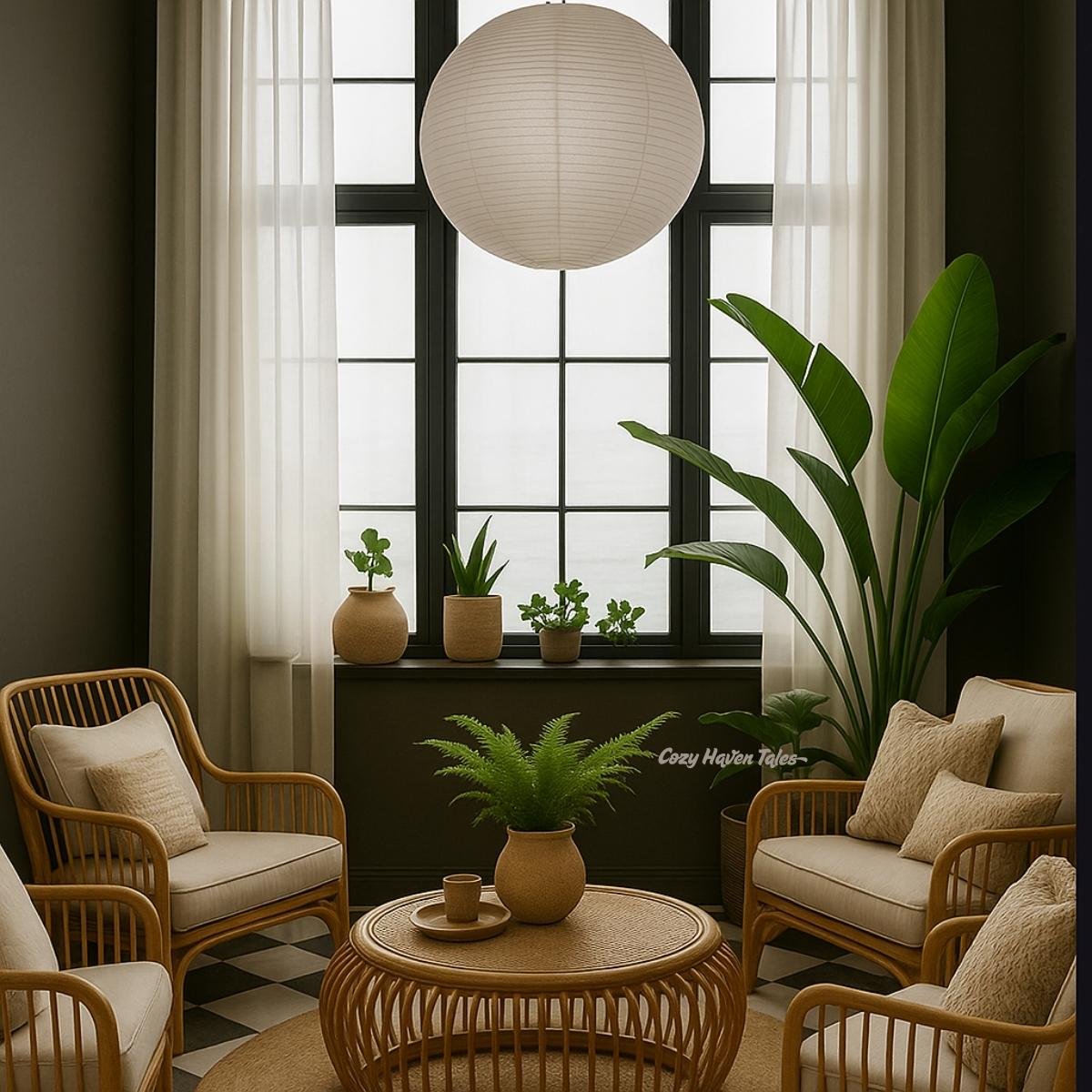 Radial seating area with four rattan chairs arranged around a round coffee table, accented by a central paper pendant light and lush indoor plants.

