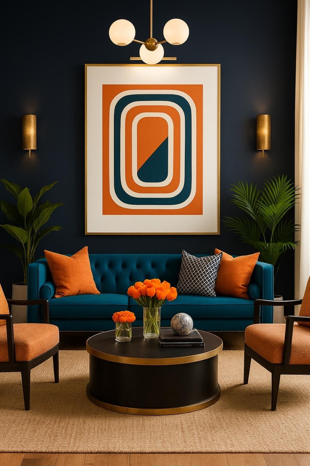 Vertical living room with a teal sofa, orange accent pillows and chairs, oversized modern artwork above the sofa, and a round coffee table centered in front. The lighting and furnishings are proportionally balanced.