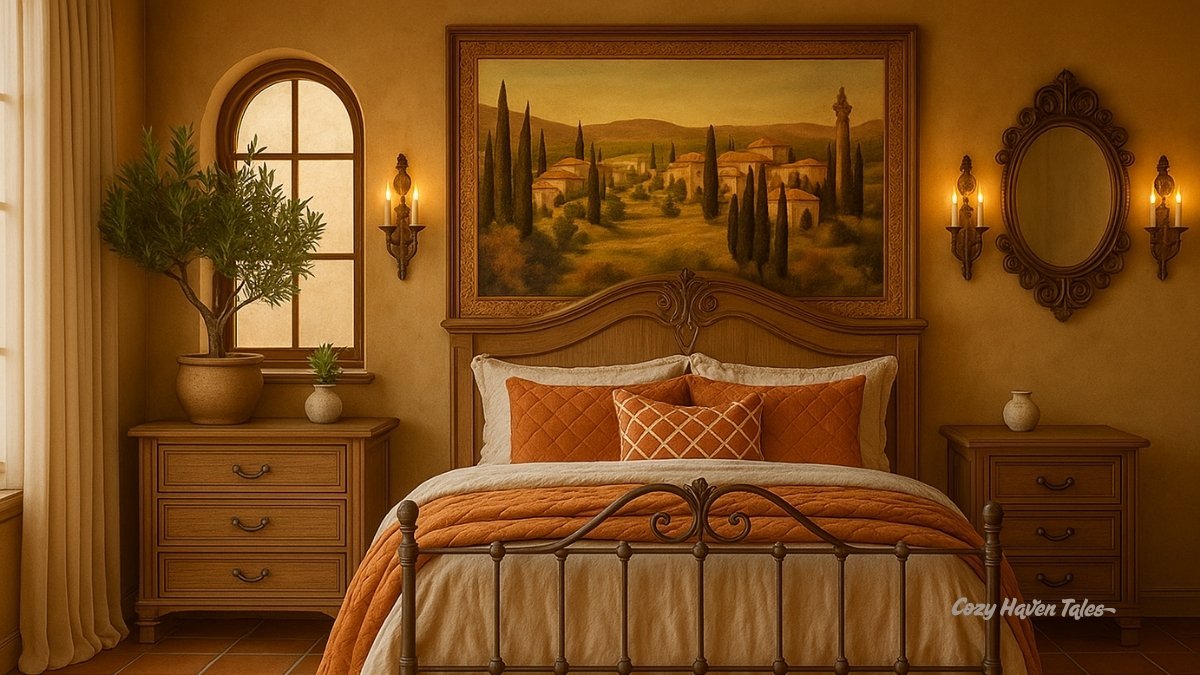 Warm Tuscan-style bedroom with asymmetrical balance created by an arched window and plant on one side and a round mirror with twin wall sconces on the other.