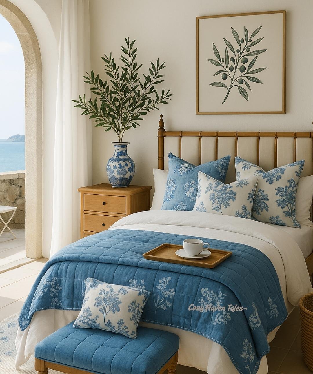 the arched-niche bedroom with blue bedding and wooden furniture